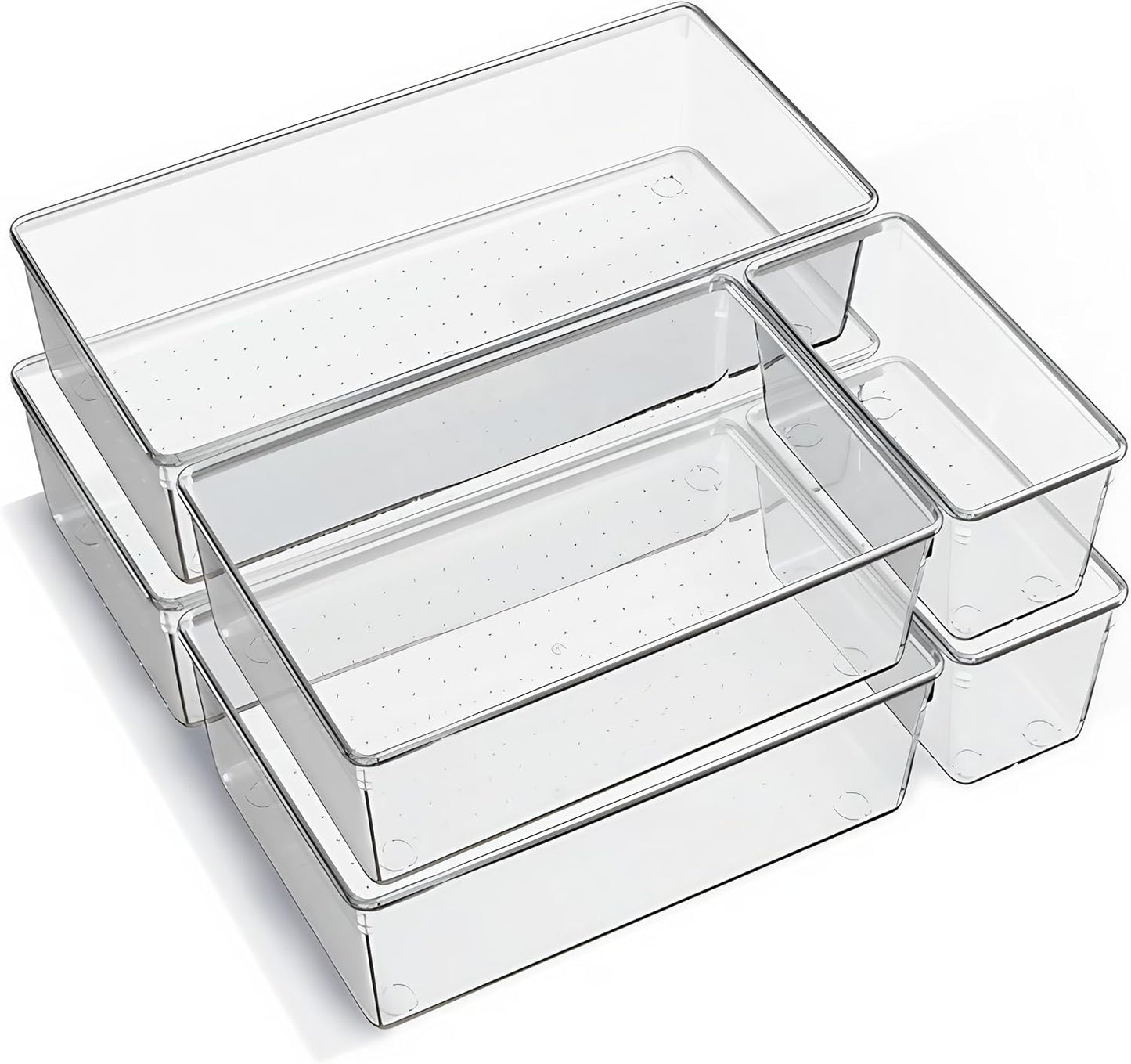6 Pack Large Clear Plastic Drawer Organizer Trays – Non-Slip Storage Bins for Kitchen Utensils, Makeup, Jewelry, Bathroom, and Office Desk – Multi-Use Plastic Drawer Dividers for Home Organization
