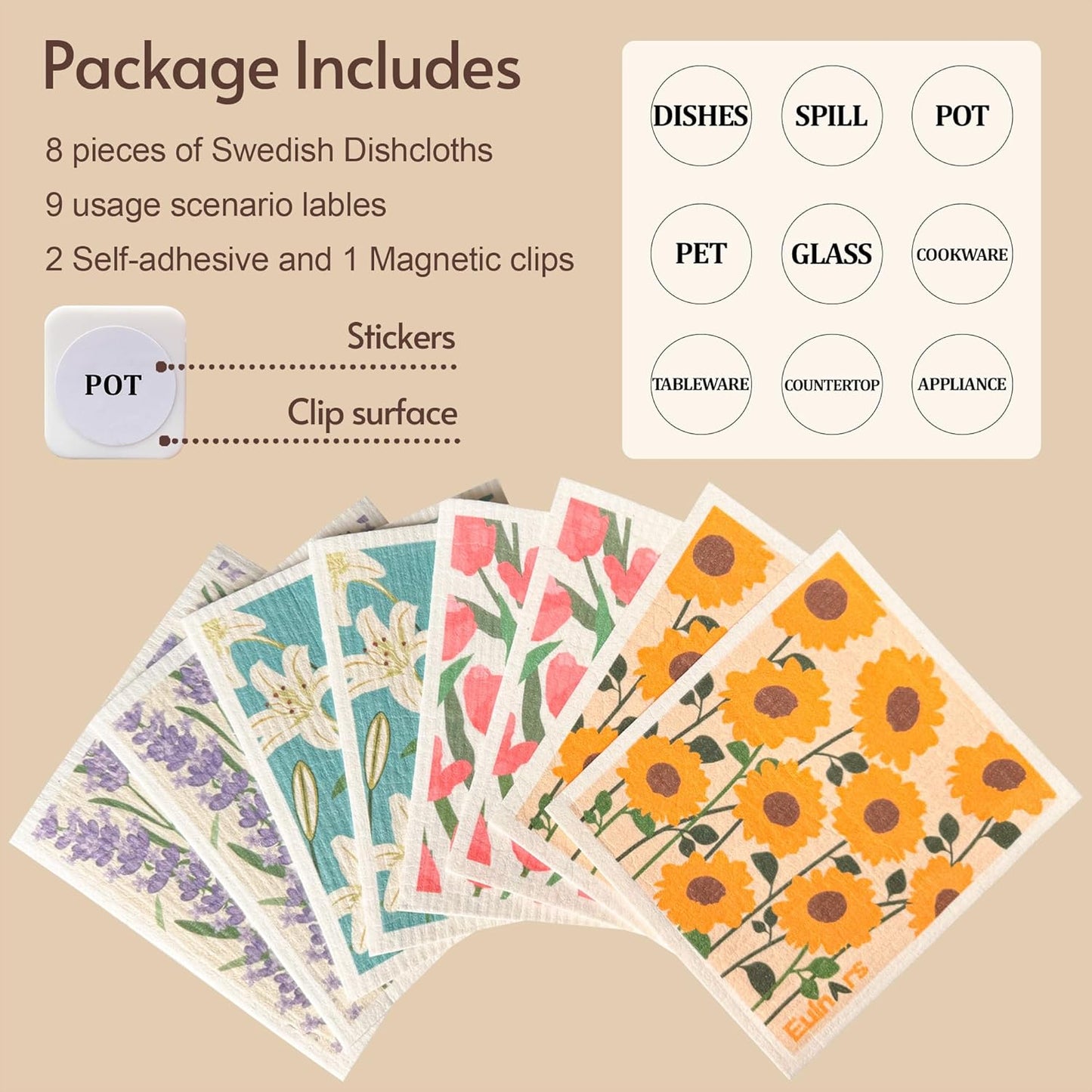 Swedish Dishcloths for Kitchen, 8 Pack Flower Reusable Paper Towels Washable, Non-Scratch Swedish Kitchen Towels, Super Absorbent Cellulose Dish Cloths, Eco Friendly Gifts