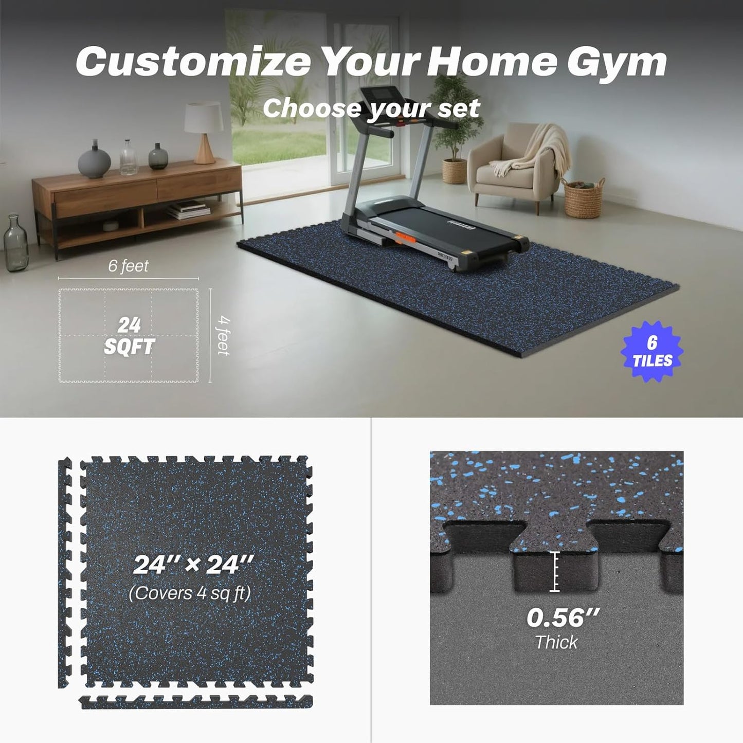 AIRHOP 0.56in Thick 24 Sq Ft Exercise Equipment Mats, 6 Tiles Upgraded Rubber Top with High Density EVA Foam, Large Interlocking Puzzle Gym Flooring for Home Gym, Heavy Weight Workout,Black & Blue