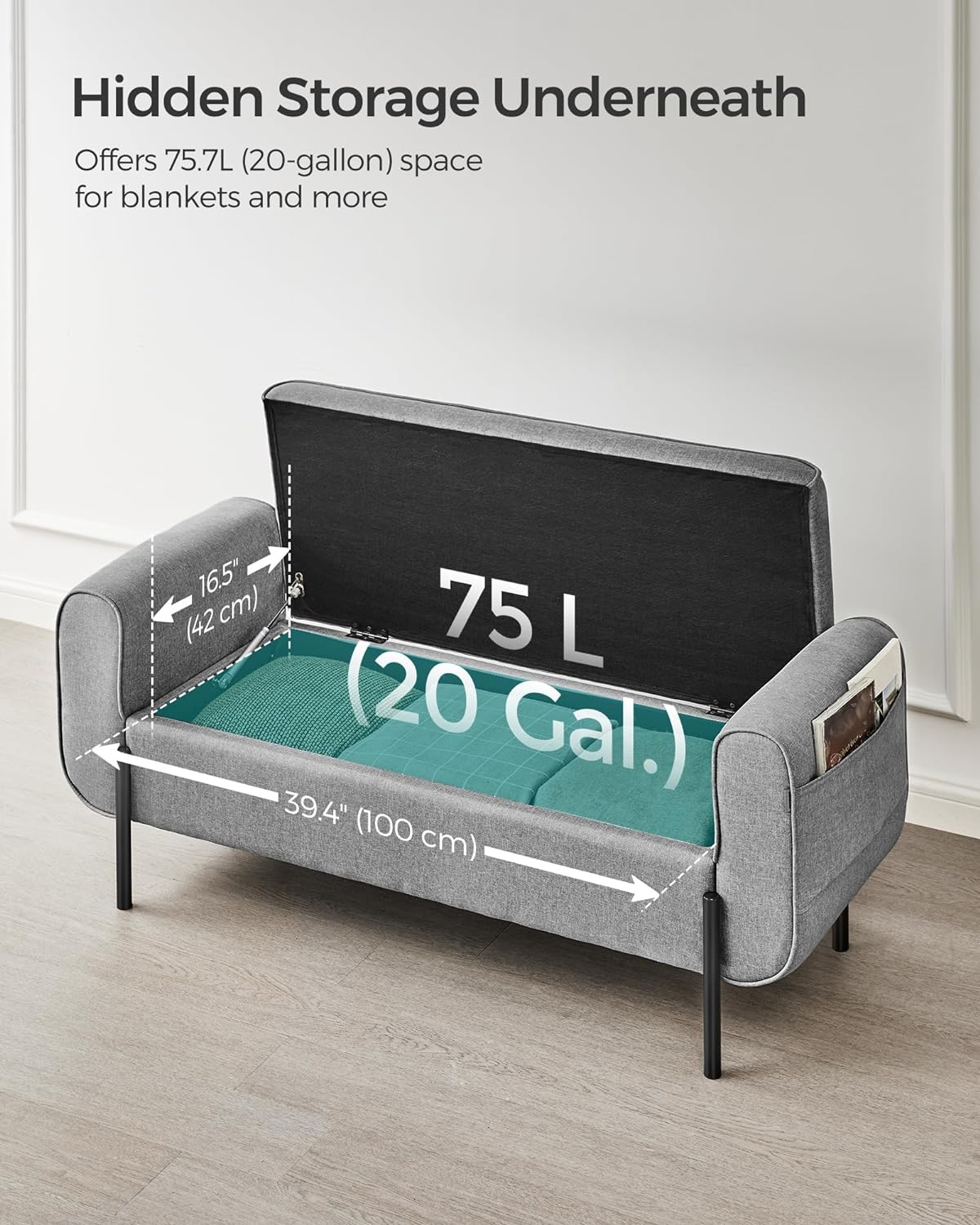 SONGMICS Storage Bench with Armrests, Ottoman for Living Room, Bedroom, Entryway, Steel Legs, Light Gray ULOM072G02