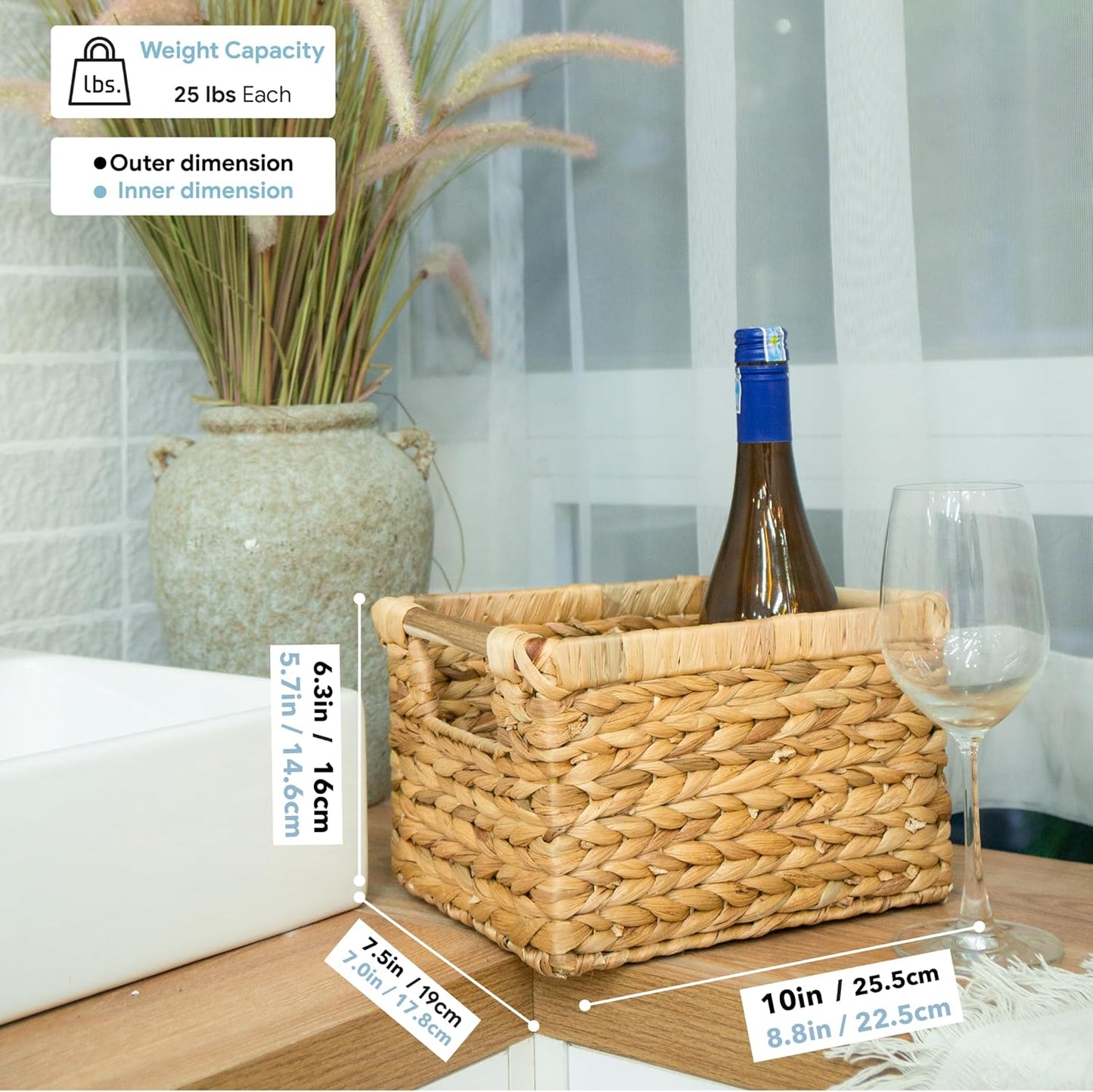 Small Wicker Baskets for Organizing Bathroom, Hyacinth Baskets for Storage, Wicker Storage Basket with Wooden Handle, Decorative Small Basket 10 x 7.5 x 6.3 inches - 3 Pack