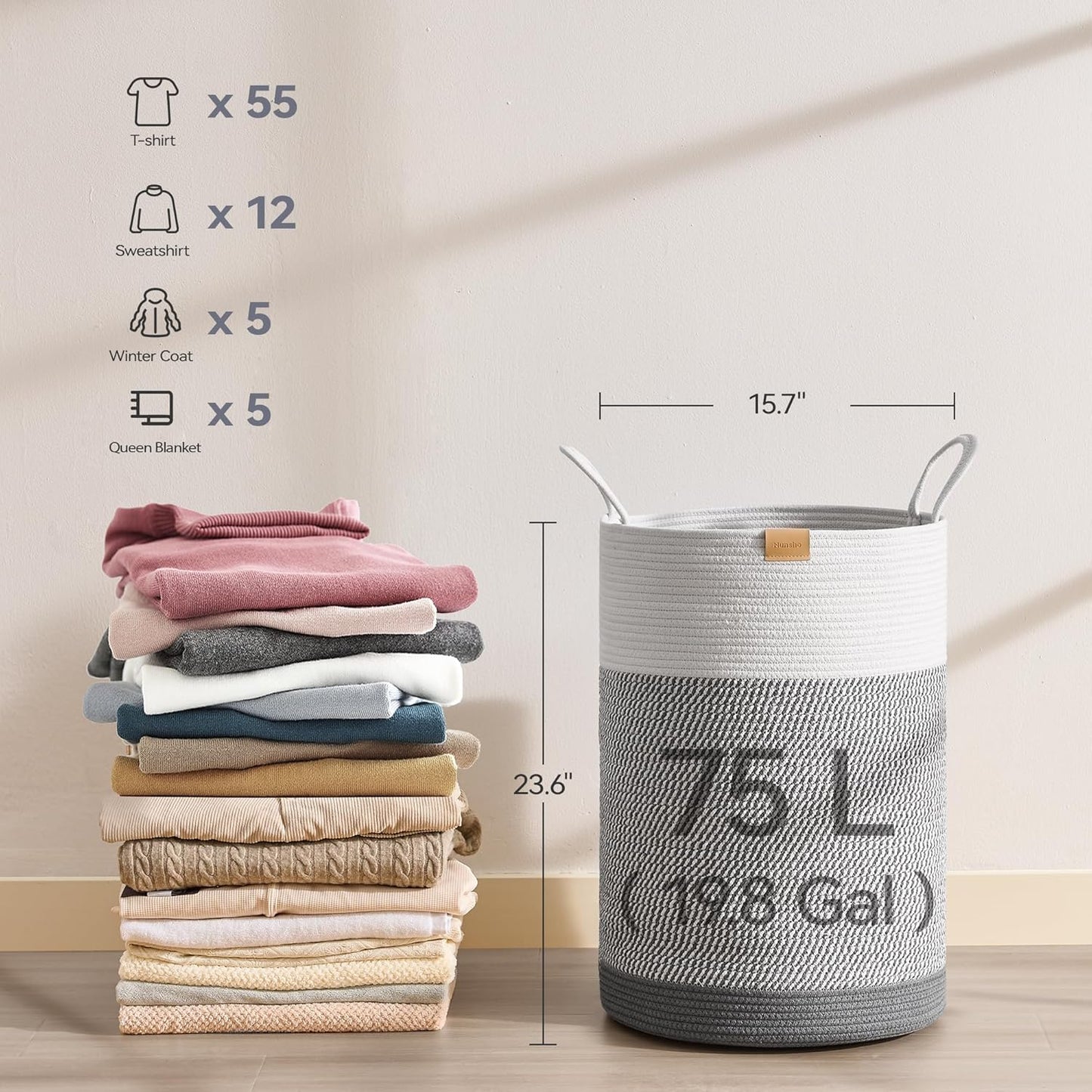 Laundry Hamper 75L,Large Laundry Basket for Clothes,Decorative Storage Basket for Blankets,Cotton Rope Woven basket for bedroom,Grey White