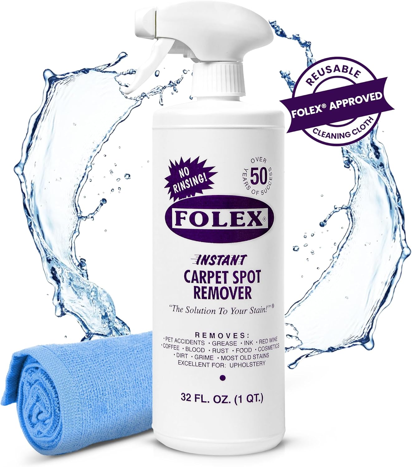 FOLEX Instant Carpet Spot Remover 32 oz – Powerful Stain Remover for Carpets, Upholstery & Rugs – Eliminates Pet Stains, Grease, Red Wine, Food, Makeup & More – With Reusable Cleaning Cloth – 1 Pack