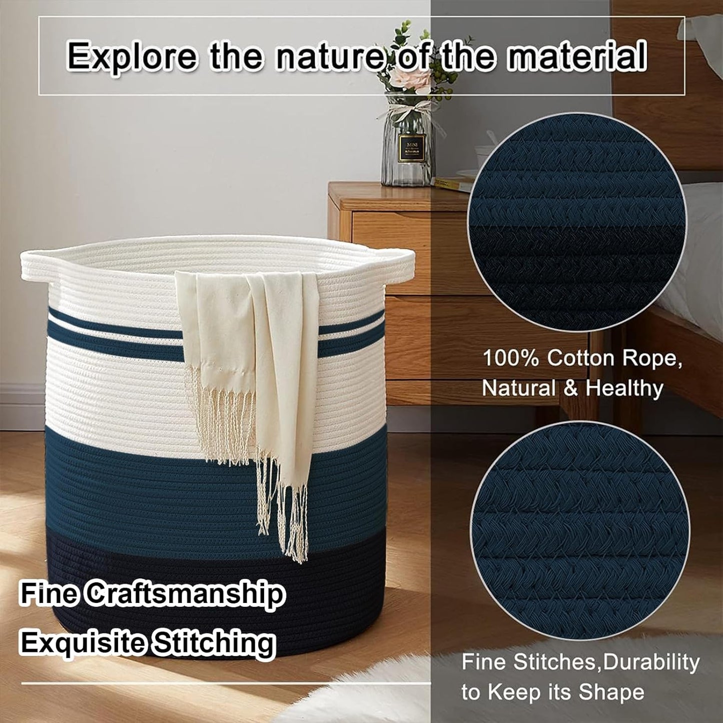 OIAHOMY 80L Laundry Baskets Hamper with Handles,Decorative Basket for Living room,Woven Storage Basket for Toys Bin,Pillows, Blankets,Clothes-20x18in-Gradient Blue