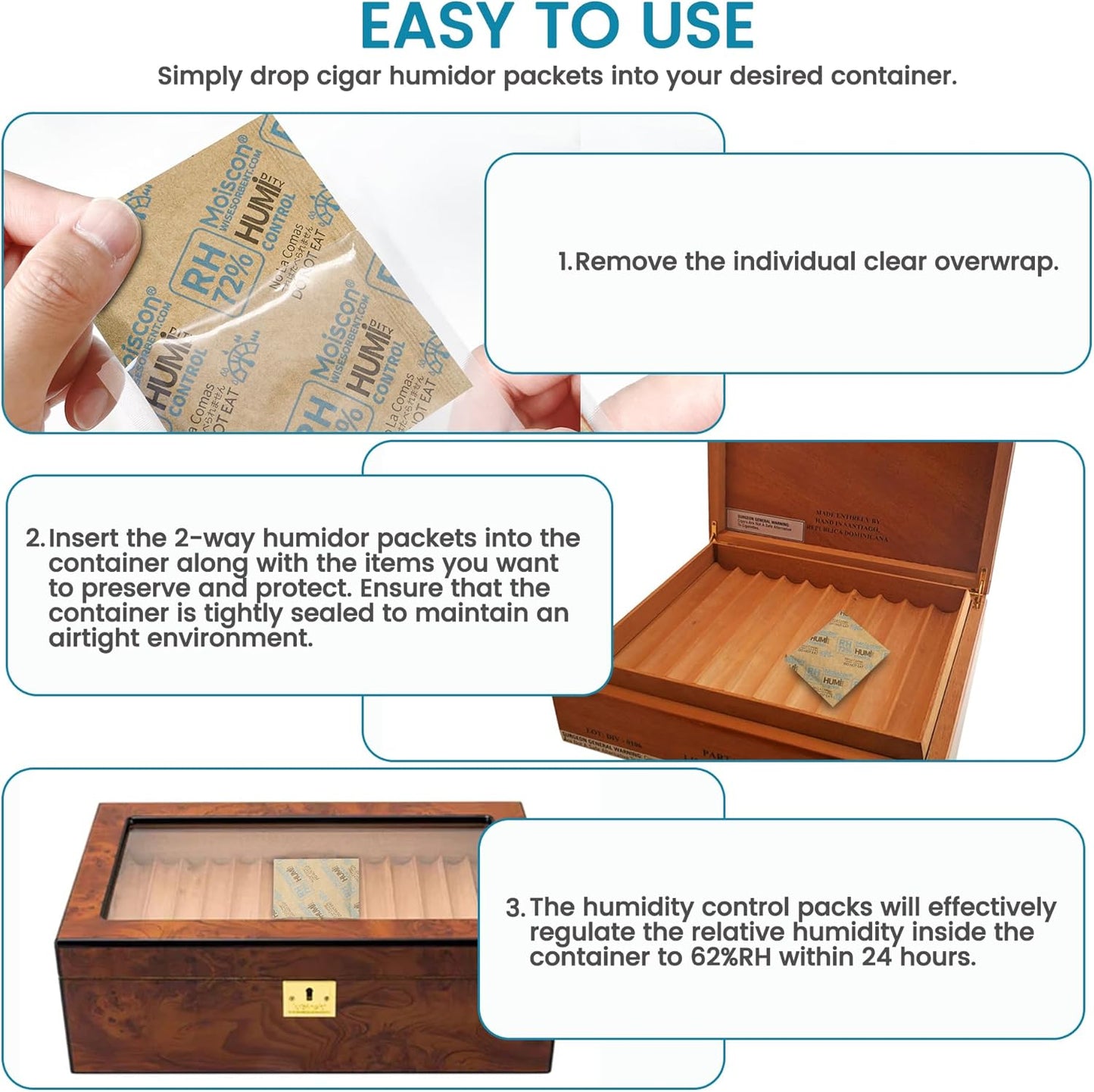 72% Two-Way Humidity Control Packs- 8 Gram Moisture Absorbers for Herbs, Wood Humidifier Boxes - Natural Craft Paper Design, Individually Sealed Packets, Prevents Leaks [90 Pack]