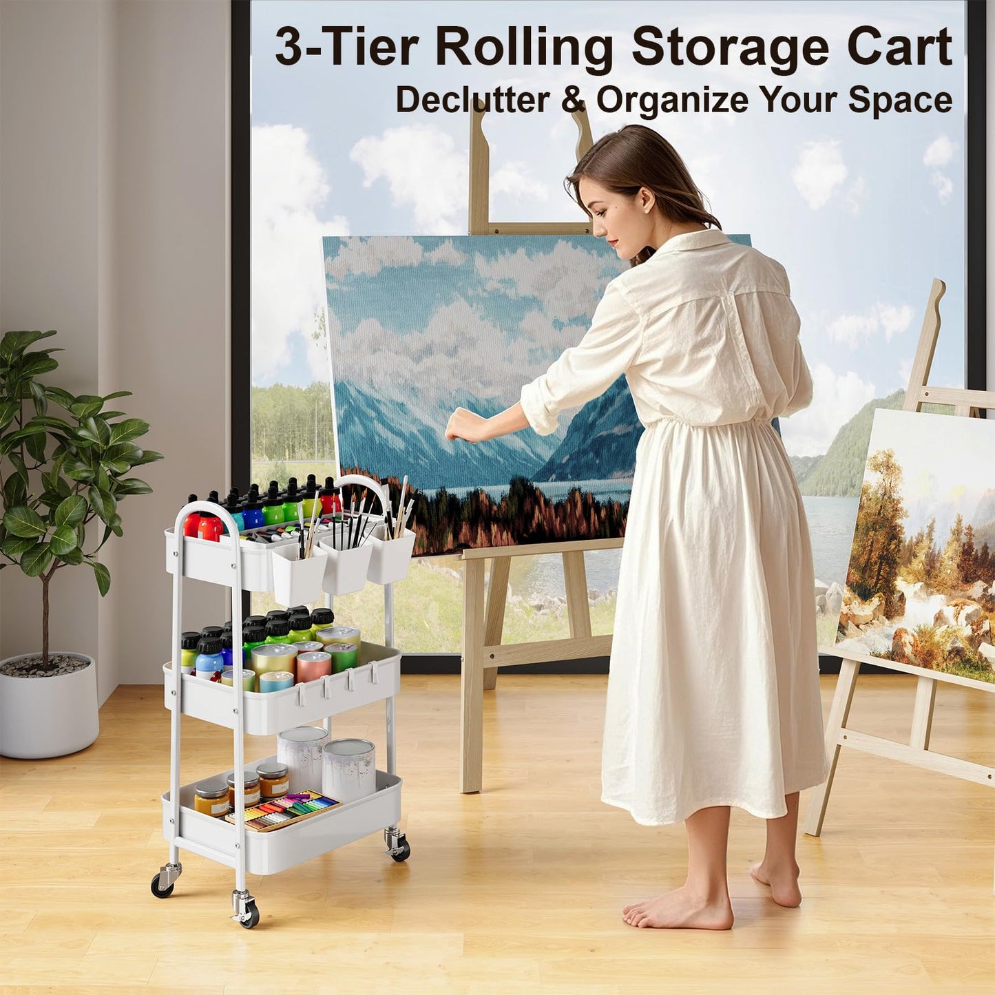 3 Tier Heavy Duty White Metal Rolling Cart with Lockable Wheels, Three Tier Roller Book Snack Cart