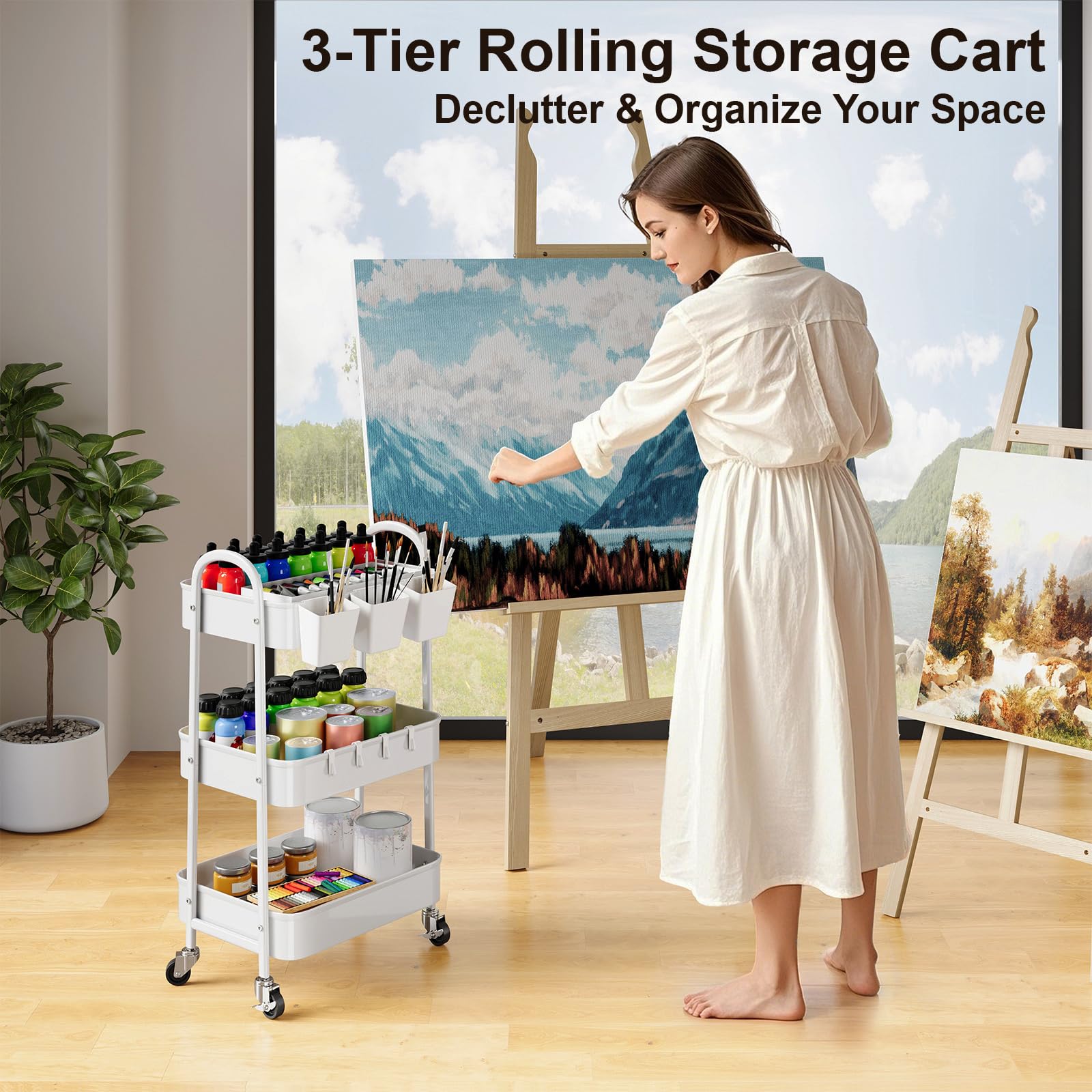 3 Tier Heavy Duty White Metal Rolling Cart with Lockable Wheels, Three Tier Roller Book Snack Cart