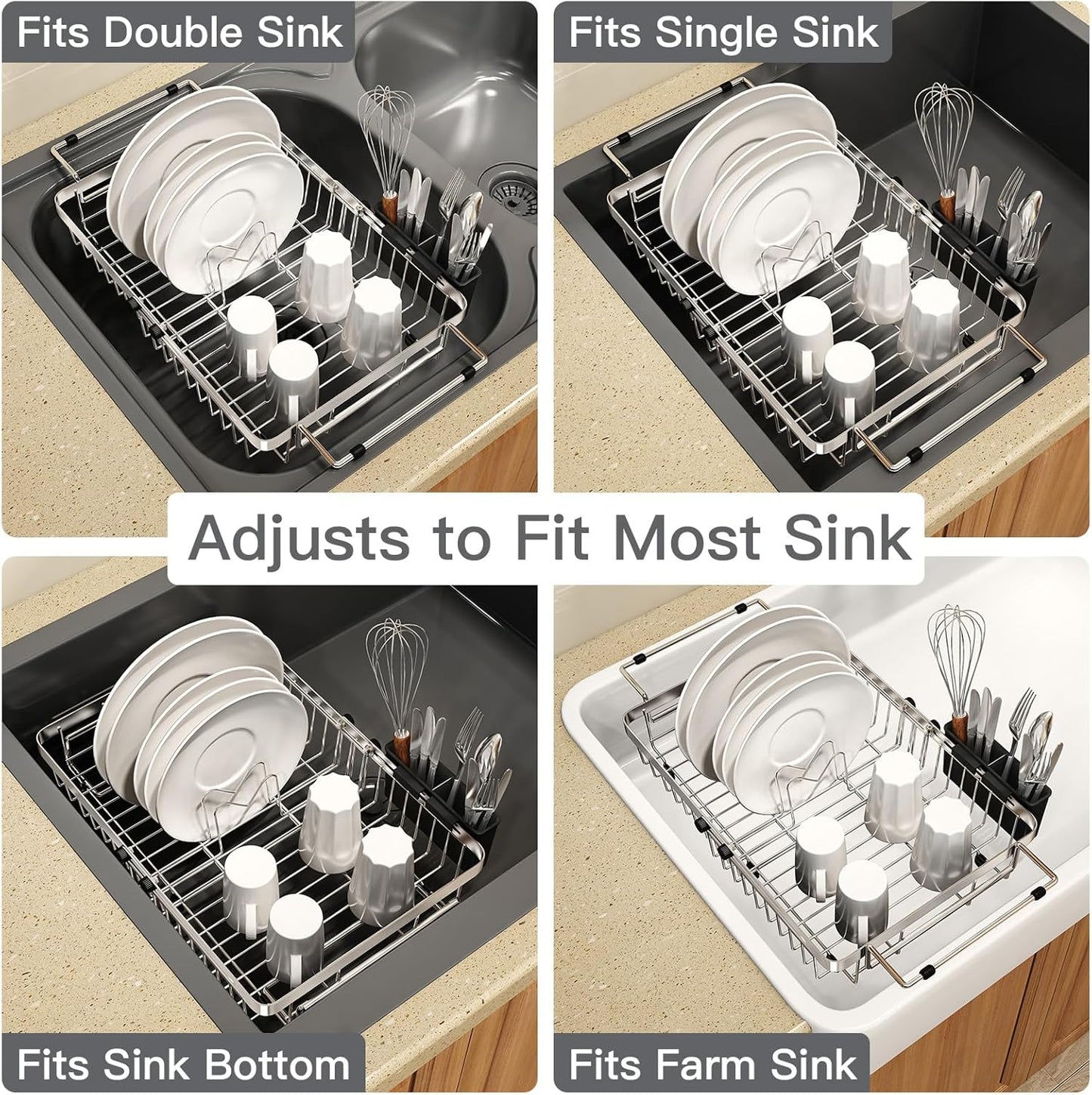 Small Expandable Over The Sink Dish Drainer Drying Rack in Stainless Steel Metal for Kitchen, Counter Space Saving Compact Above Plate Dryer Strainer, Adjustable Hanging Inside Sink Wire Drain Holder
