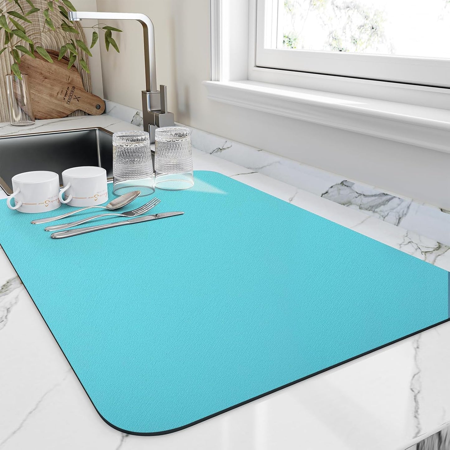 Dish Drying Mat for Kitchen Counter, Heat Resistant Drainer Mats with Non-slip Rubber Backed, Hide Stain Kitchen Super Absorbent Draining Mat, Easy to Clean Dish Rack Pad, Teal 18"x32"