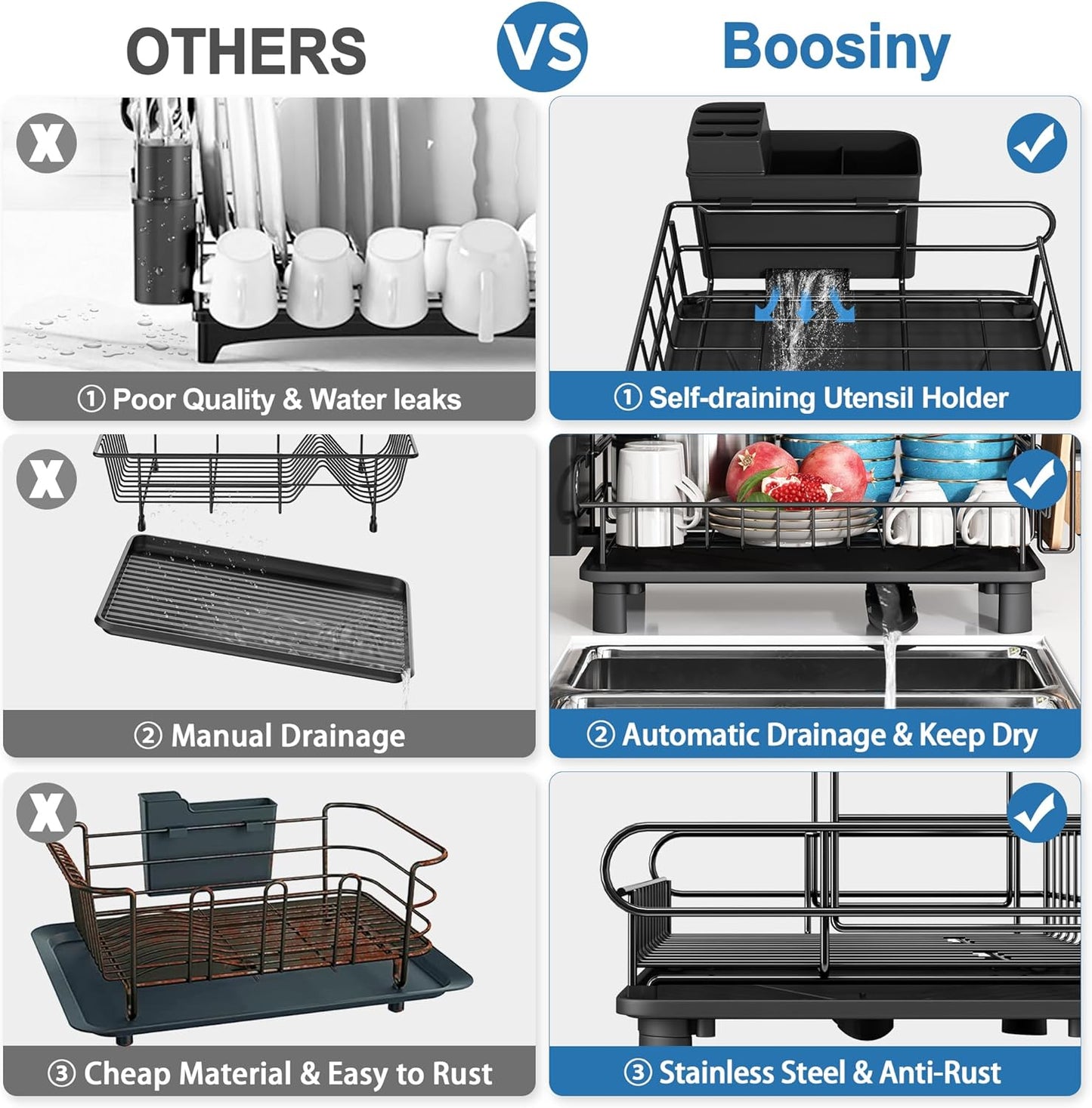 MAJALiS 2 Tier Black Large Stainless Steel Dish Drainers Drying Rack for Kitchen Counter with Drainboard, Rust Proof Metal, Space Saving, Modern Aesthetic, Compact Plates Strainers