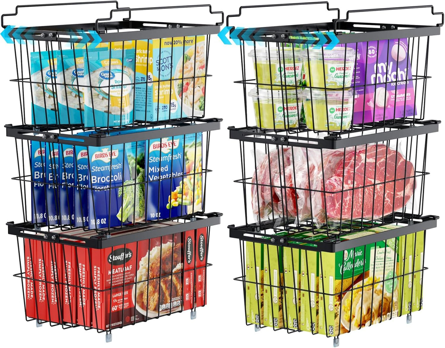 iSPECLE Freezer Organizer Bins - 6 Pack Adjustable & Extra Large Chest Freezer Organizer Bins for 5 to 9 Cu.Ft Deep Freezer, Easy Organize Basket Store More, Stackable No Wasted Space, Black