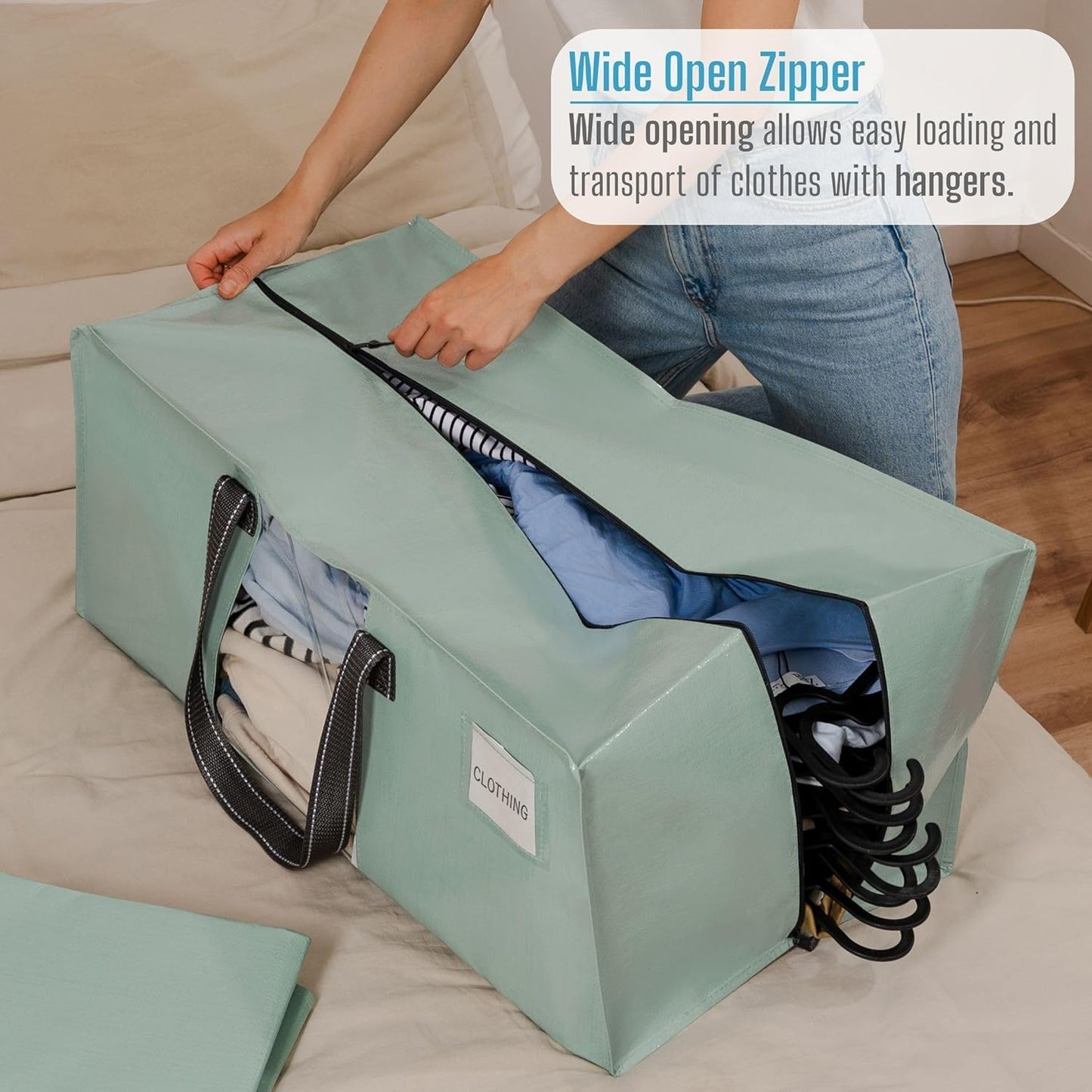 VENO 4 Pack Moving Bags for College, Heavy-Duty Storage Totes, Moving Boxes and Wardrobe Packing Supplies Alternative - Extra Large Durable Laundry Bags for Clothes (Shiny Light Green, 4 Pack)