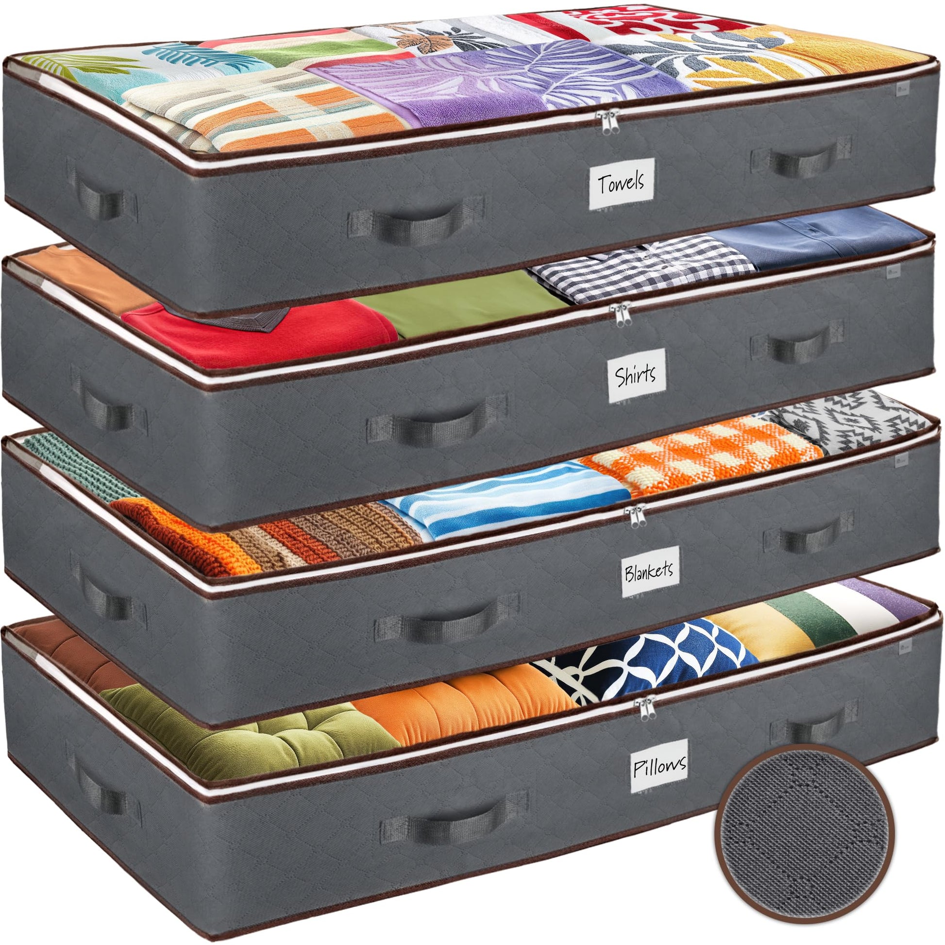 ZOBER Under Bed Storage Bags, Underbed Storage Containers, Gray, 90L 4-Pack