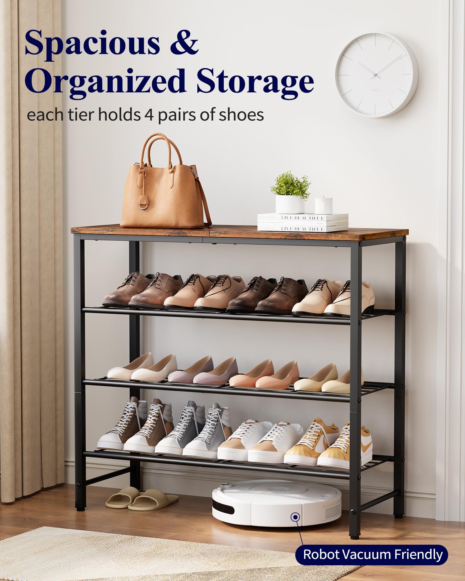 Kitsure Shoe Rack for Closet, Shoe Storage, 29.5" Wide - 4 Tier, Brown