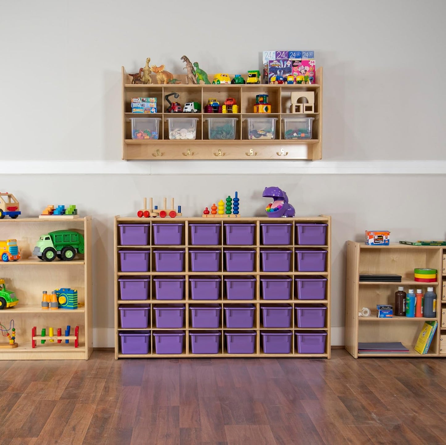 Wood Designs Cubby Storage Bin, Heavy Duty Plastic Containers for Kids Purple Cubby Tray Set of 20