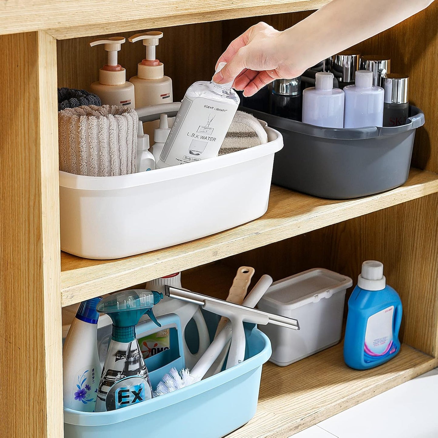 Cleaning Caddy Organizer with Handle, Storage Basket/Totes Portable for Bathroom Supplies, Cleaning Products, and Sink Tool.(Translucent Gray×2, 2 Pack)