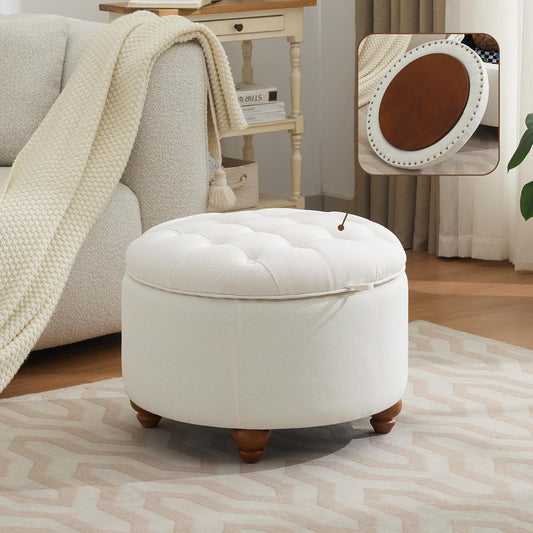 24Inch Round Storage Ottoman with Tray, Modern Tufted Fabric Circle Coffee Table with Storage