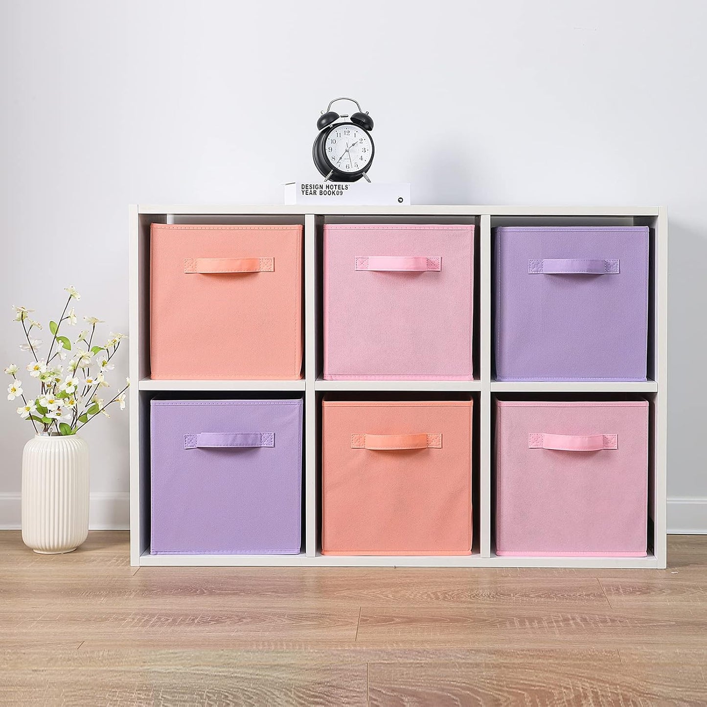 Stero Fabric Storage Bins 6 Pack Fun Colored Durable Storage Cubes with Handles Foldable Cube Baskets for Home, Kids Room, Closet and Toys Organization Purple, Pink, peachpuff