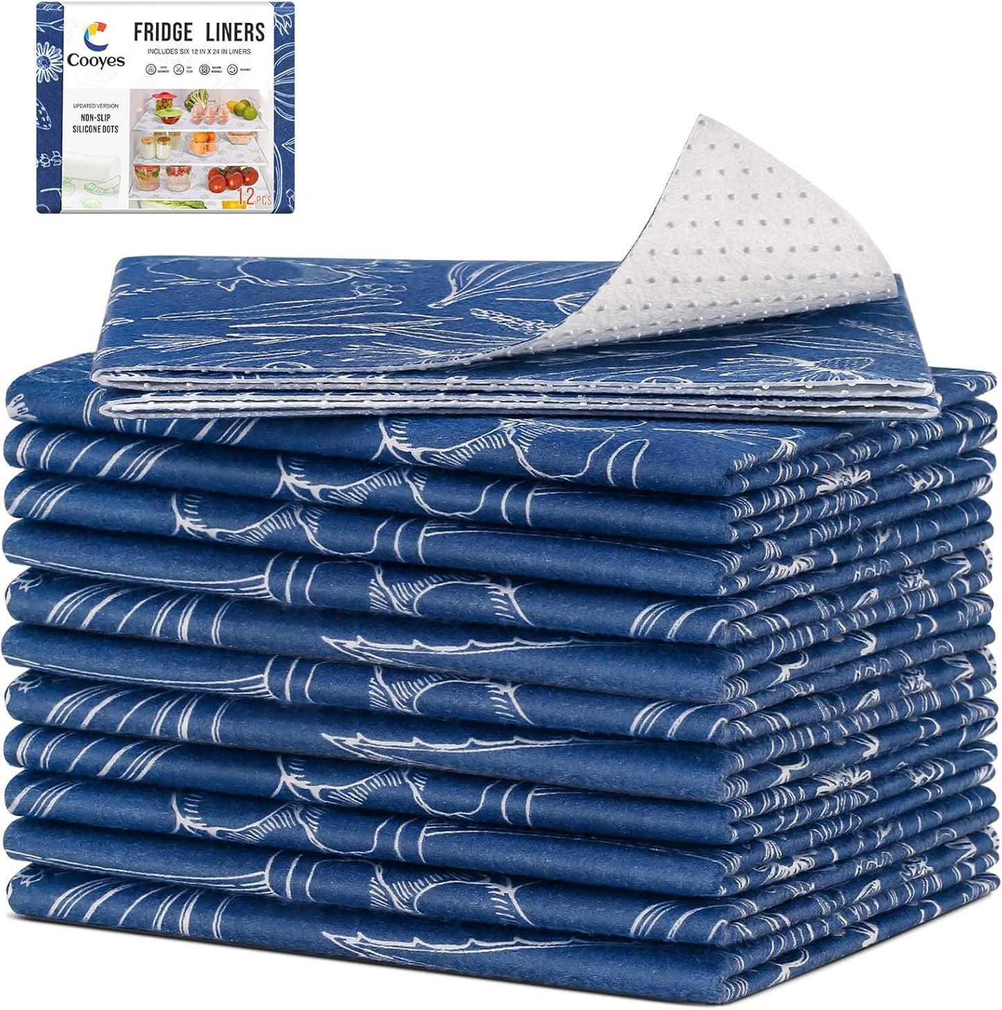 Cooyes Fridge Bin Liners, 12 Pack Refrigerator Liners with Non-Slip Particles, Drawer Mats for Kitchen Cabinets, Breathable Cloth Material, Washable, Keep Produce Fresh Longer