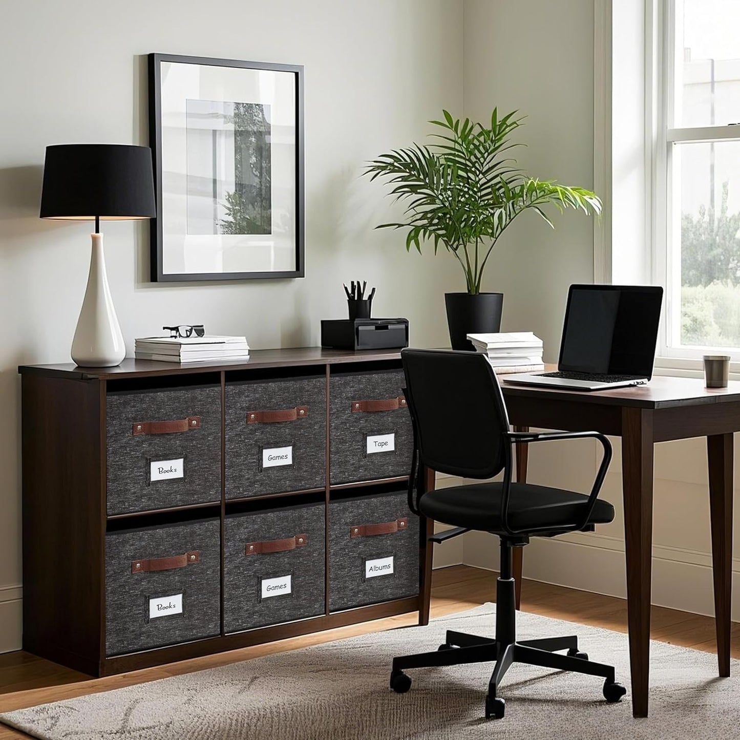 DECOMOMO Storage Baskets, 13x15x13 Storage Cube Bins with Labels for Organizing Shelves Kallax (Kallax / 4pcs, Black Pattern)