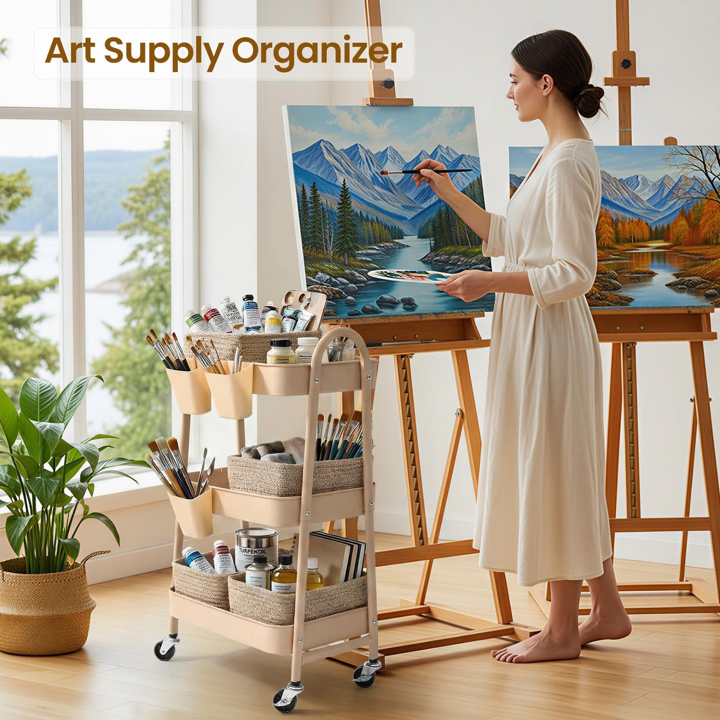 3-Tier Rolling Utility Cart with 4 Woven Baskets, Diaper Book Snack Cart, Storage Organizer for
