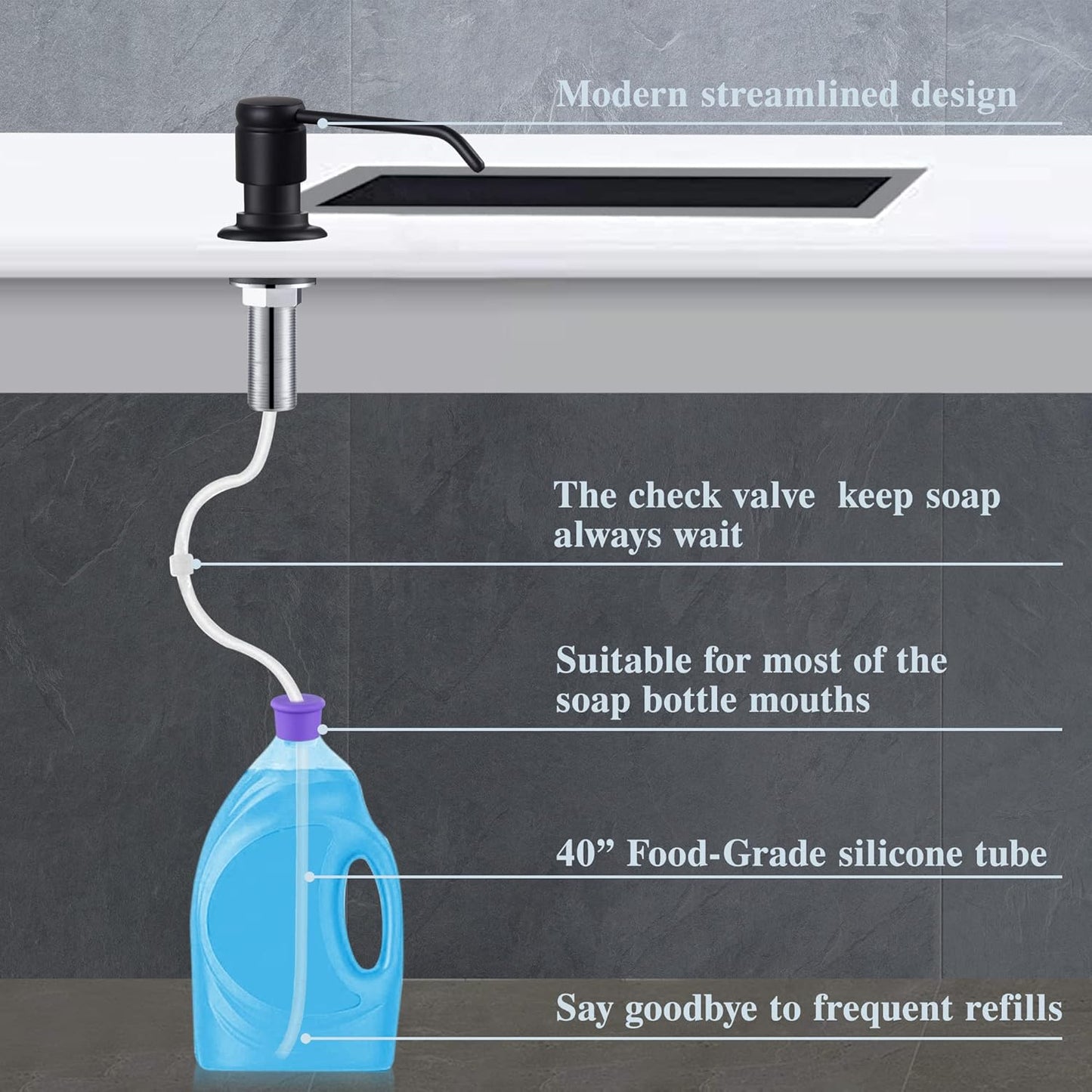 Gagal Soap Dispenser (Matte Black) and Extension Tube Kit for Kitchen Sink, Complete Brass Pump with 40" Silicone Tube Connect to The Bottle Directly, Say Goodbye to Frequent Refills