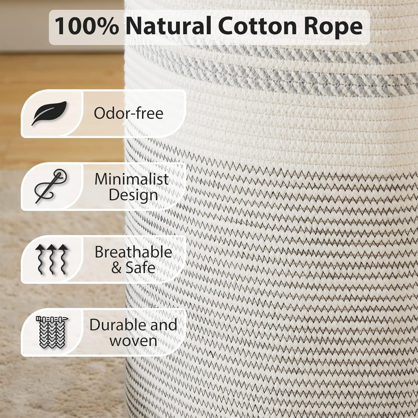 Fiona's magic 58L Woven Rope Laundry Hamper, Tall Boho Laundry Basket Storage, Large Baby Nursery Hamper for Blankets, Toys and Clothes Hamper for Bedroom and Living Room Organizing, Jute, White