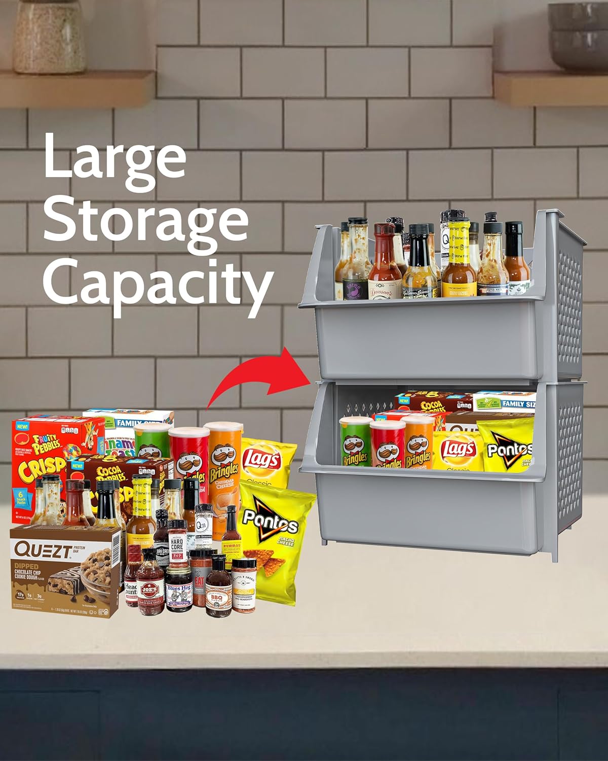 TidyFriend Plastic Stackable Storage Bins for Pantry, 2 Pack Stackable Bins for Organizing Food, Kitchen, and Bathroom Essentials (Grey)