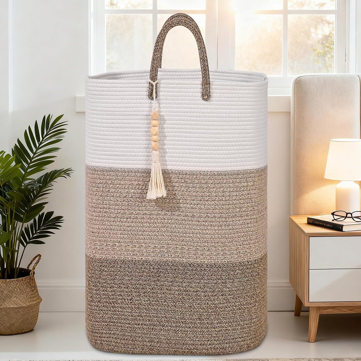 Woven Laundry Basket for Clothes,100 L Large Rectangle Laundry Hampers with Beads Tassel, Nursery Storage Basket for Toys, Tall Dirty Clothes Hamper for Bedroom Aesthetic, Laundry Room Organization