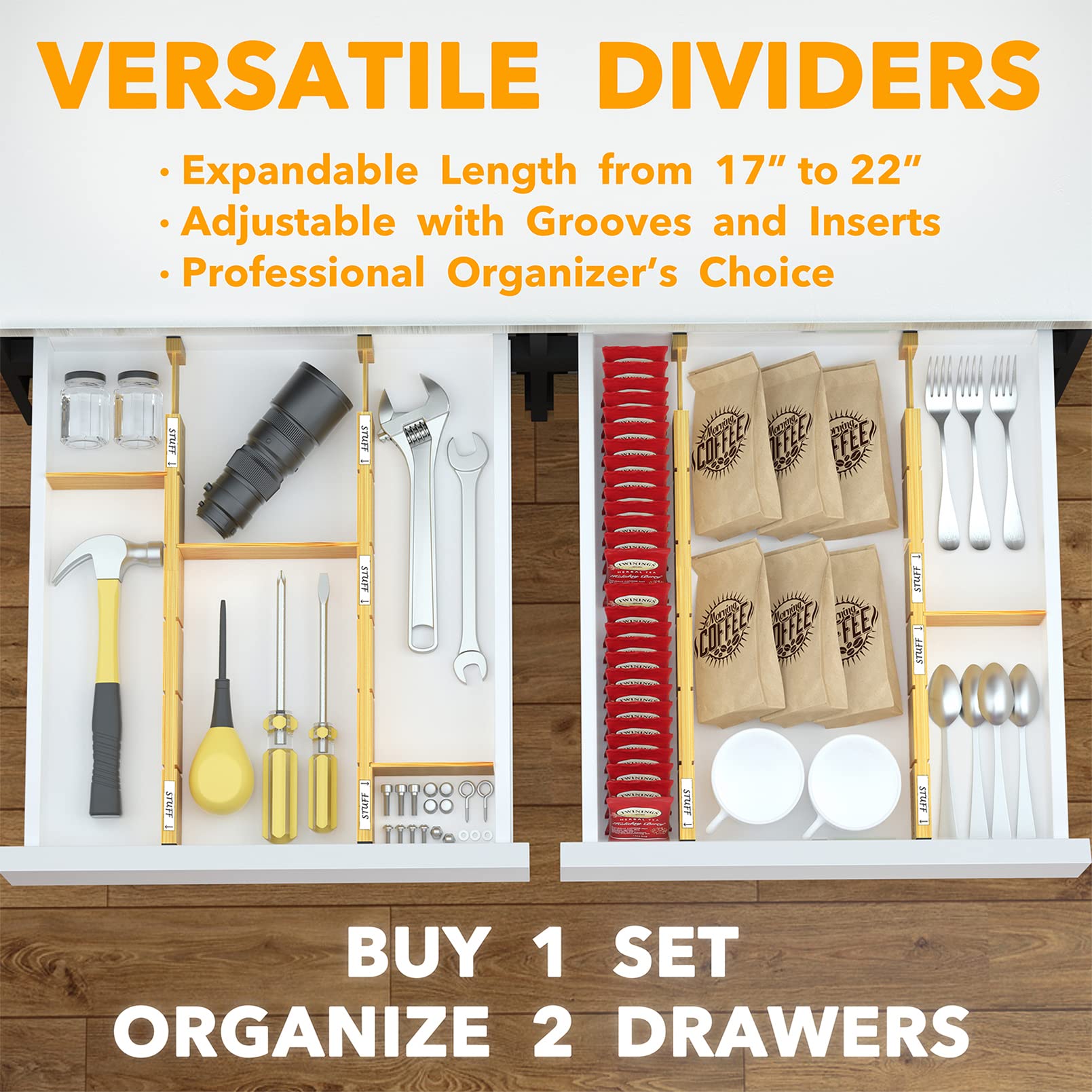 SpaceAid Bamboo Drawer Dividers with Inserts and Labels, Kitchen Adjustable Drawer Organizers