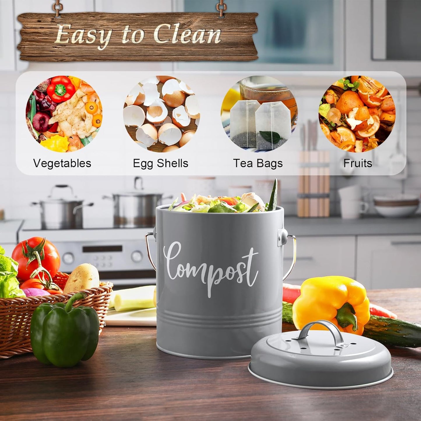 Gray Compost Bin Kitchen, 1.3 Gallon Farmhouse Kitchen Compost Bin Countertop with Lid and Charcoal Filters, Indoor Compost Bucket for Decor and Accessories