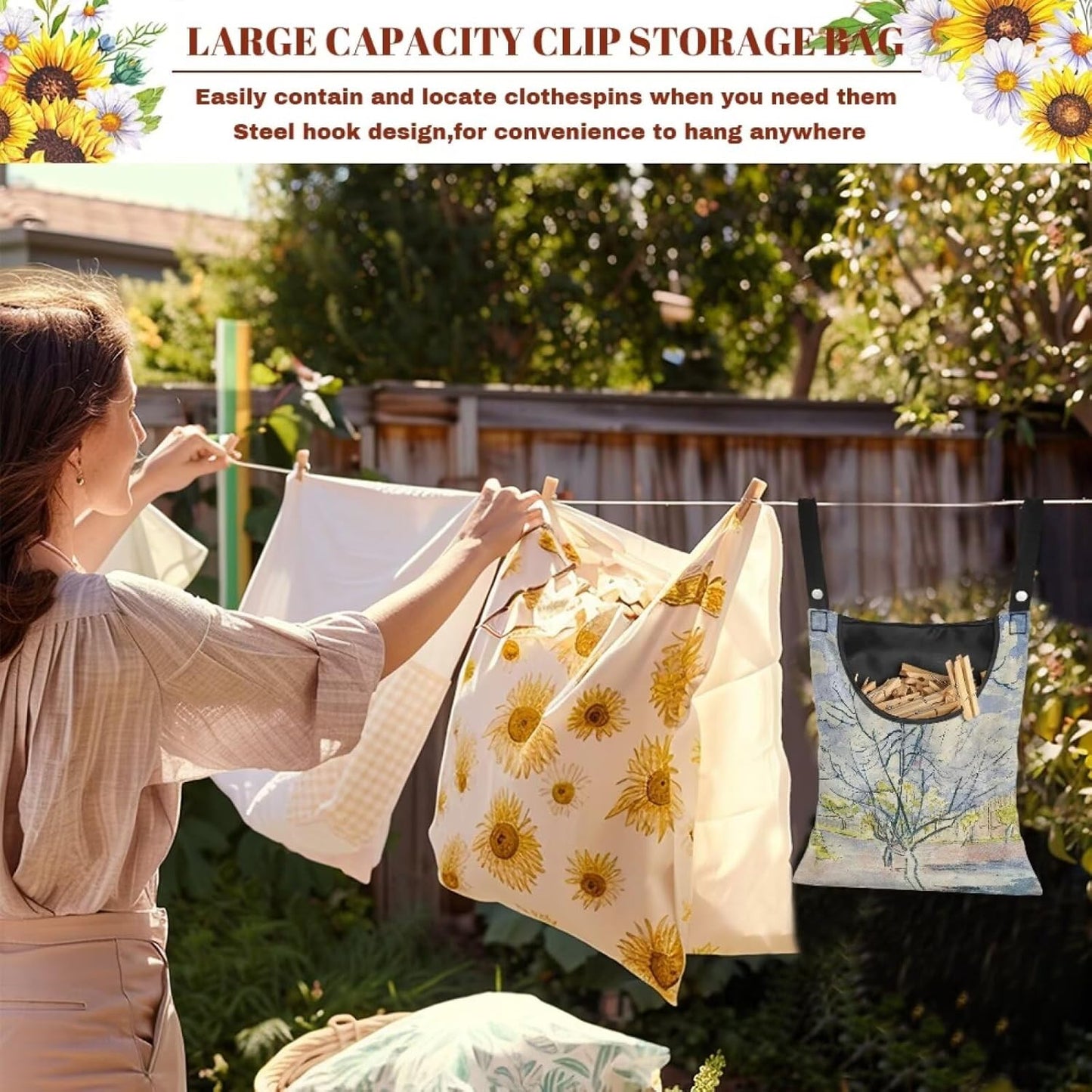 Weather Resistant Clothespin Storage Bag - Outdoor Hanging Organizer with Windproof Features - Large Capacity 14.5x12 Inch Polyester Pouch for Clothes Pins Peach Tree in Bloom Print