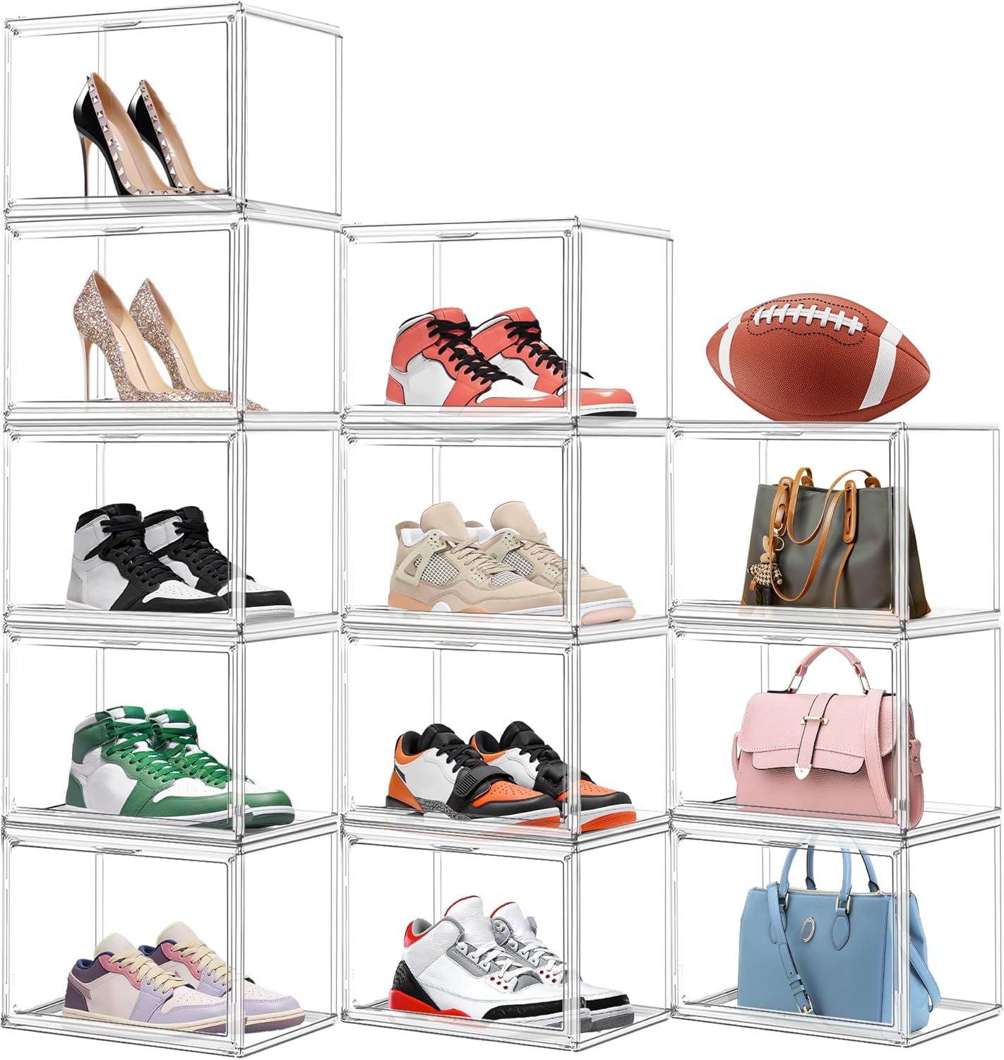 12 Pack Thicken Shoe Rack Organizer for Closet Acrylic Shoe Box with Magnetic Door Sneaker Display Case Handbag Purse Organizer, Fit up to US Size 14