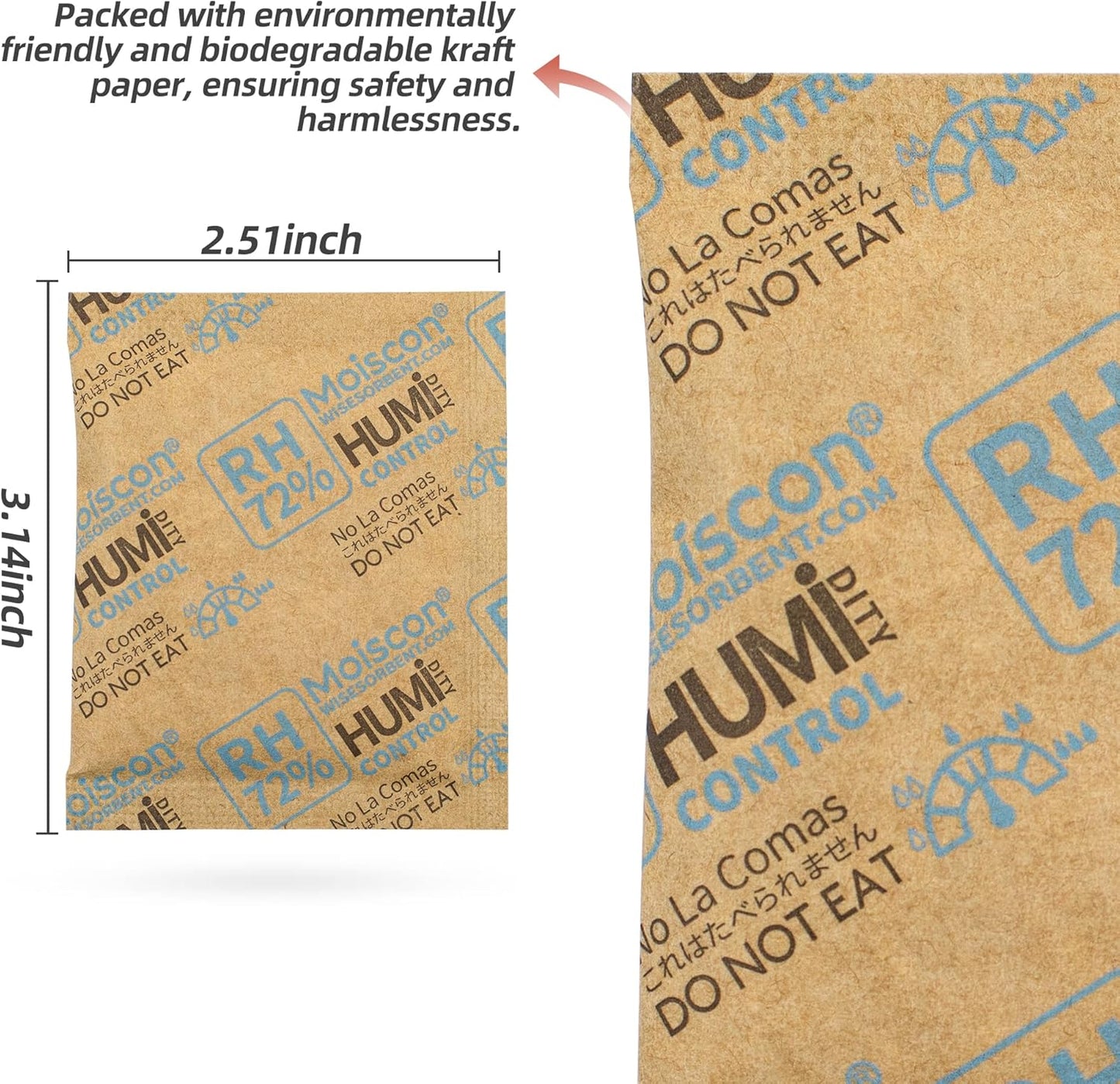 72% Two-Way Humidity Control Packs- 8 Gram Moisture Absorbers for Herbs, Wood Humidifier Boxes - Natural Craft Paper Design, Individually Sealed Packets, Prevents Leaks [60 Pack]