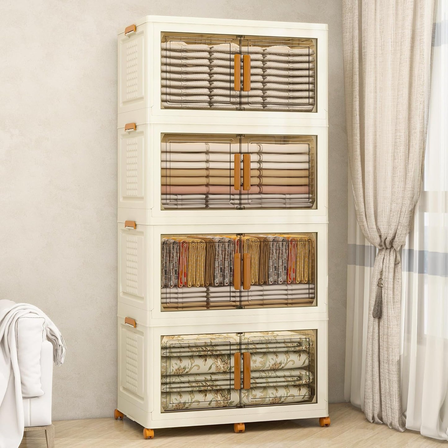 Plastic Stackable Storage Bins with Lids and Wheels, Foldable Closet Organizers and Storage Containers for Bathroom, Collapsible Clear Drawer Storage Cabinet with Doors White 38Gal 4Tiers