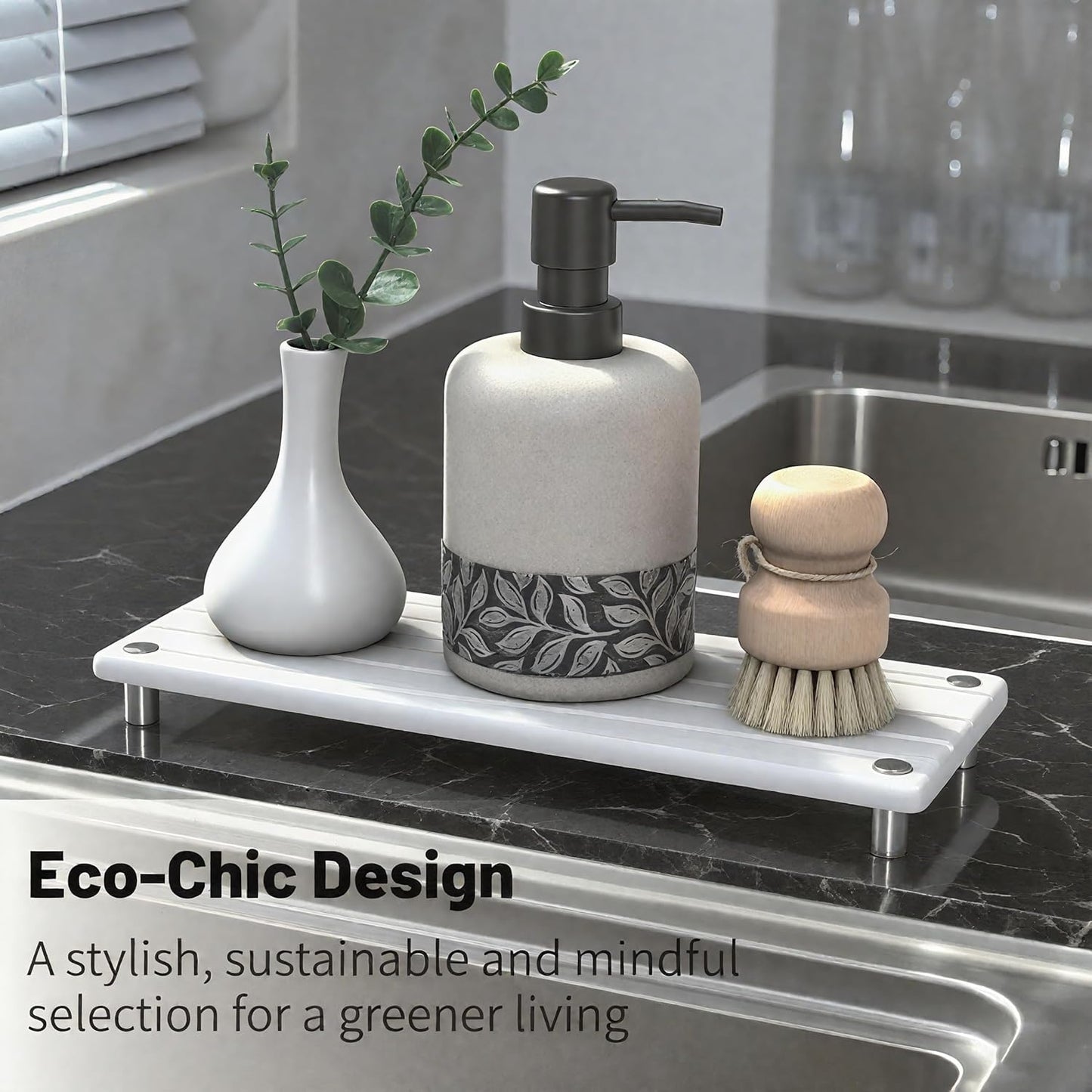 Quick Dry Sink Caddy Kitchen Sink Organizer, Water Absorbing Stone Tray for Sink, Stone Drying Tray, Diatomite Faucet Mat & Protector, Dispenser Sponge Holder, Stone Soap Tray for Bathroom Counter