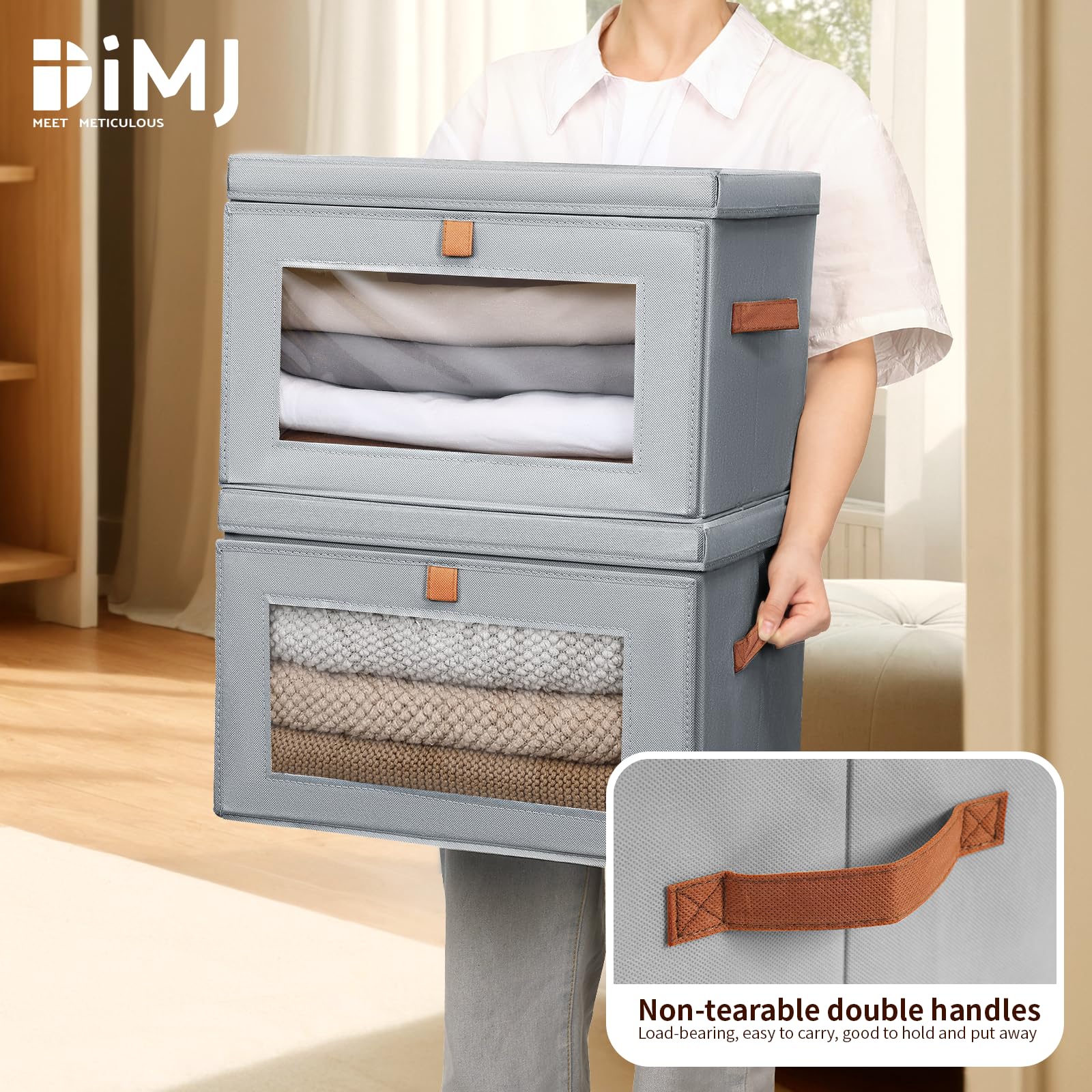 DIMJ Storage Bins with Lids - 4 Pack Large Fabric Closet Organizer with Window & Handles