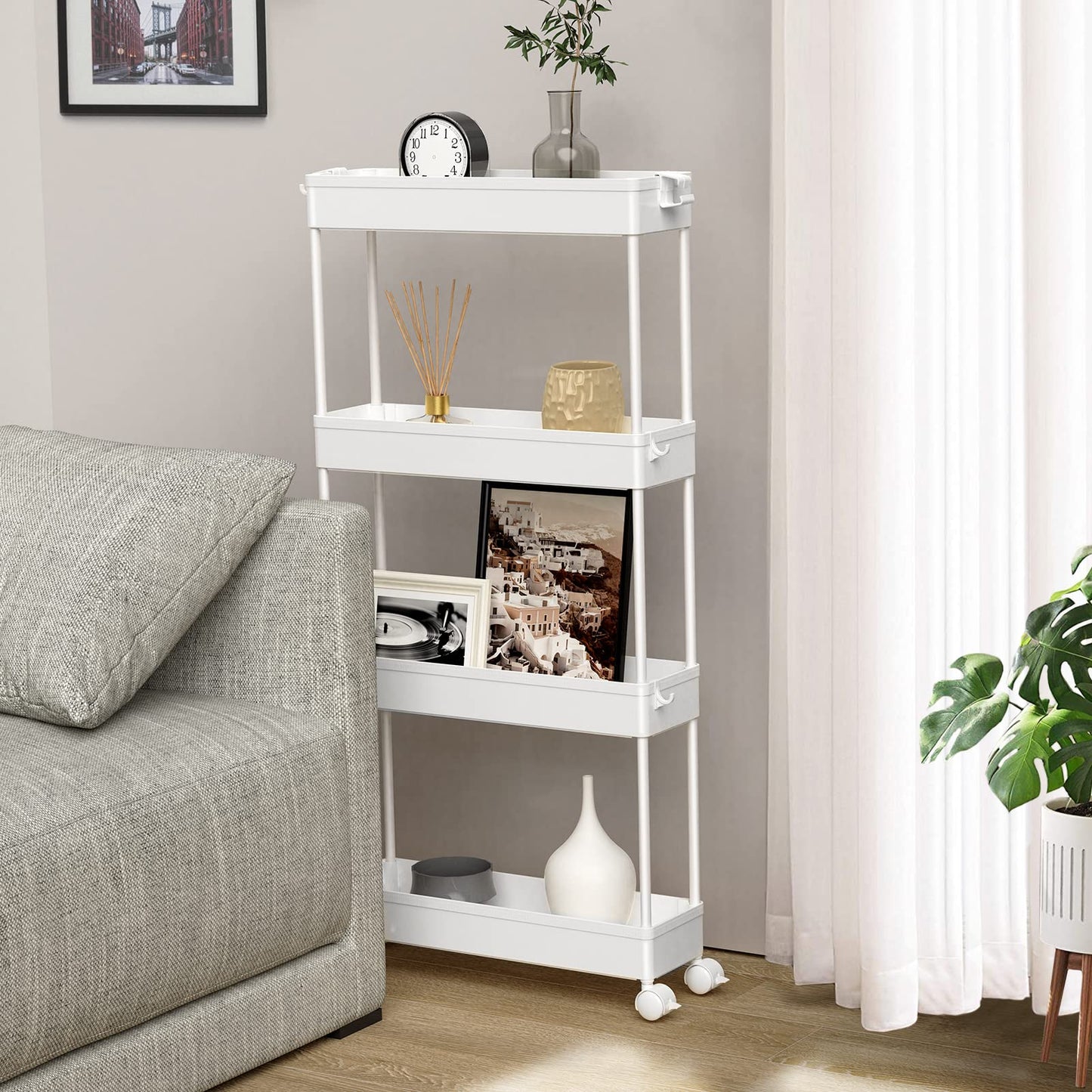 SPACELEAD Slim Storage Cart 4 Tier,Bathroom Organizer Rolling Utility, Mobile Shelving Unit Slide