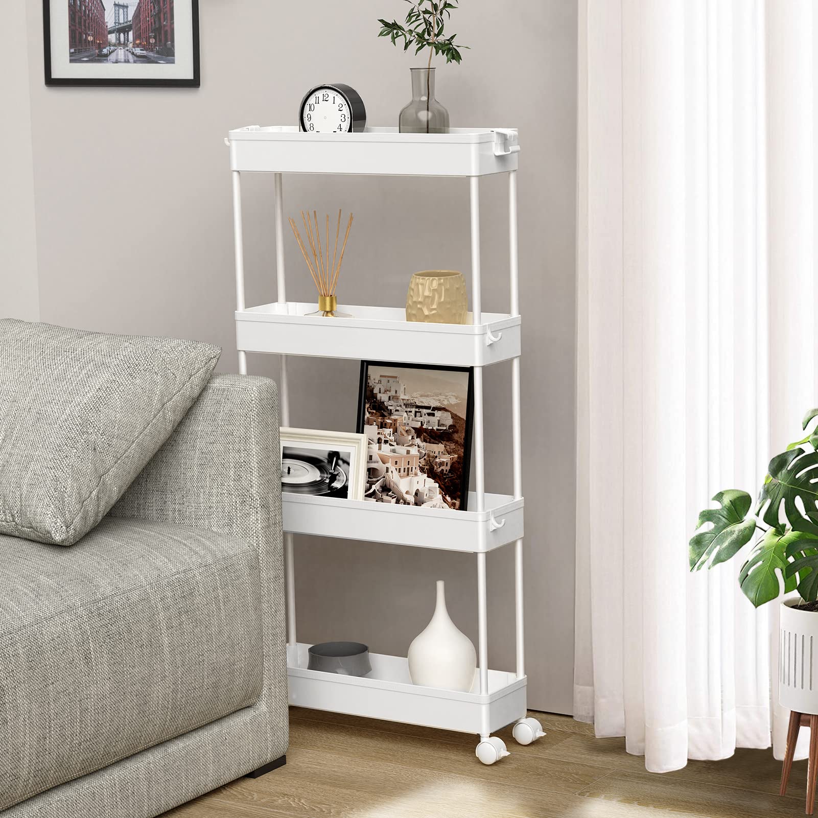 SPACELEAD Slim Storage Cart 4 Tier,Bathroom Organizer Rolling Utility, Mobile Shelving Unit Slide