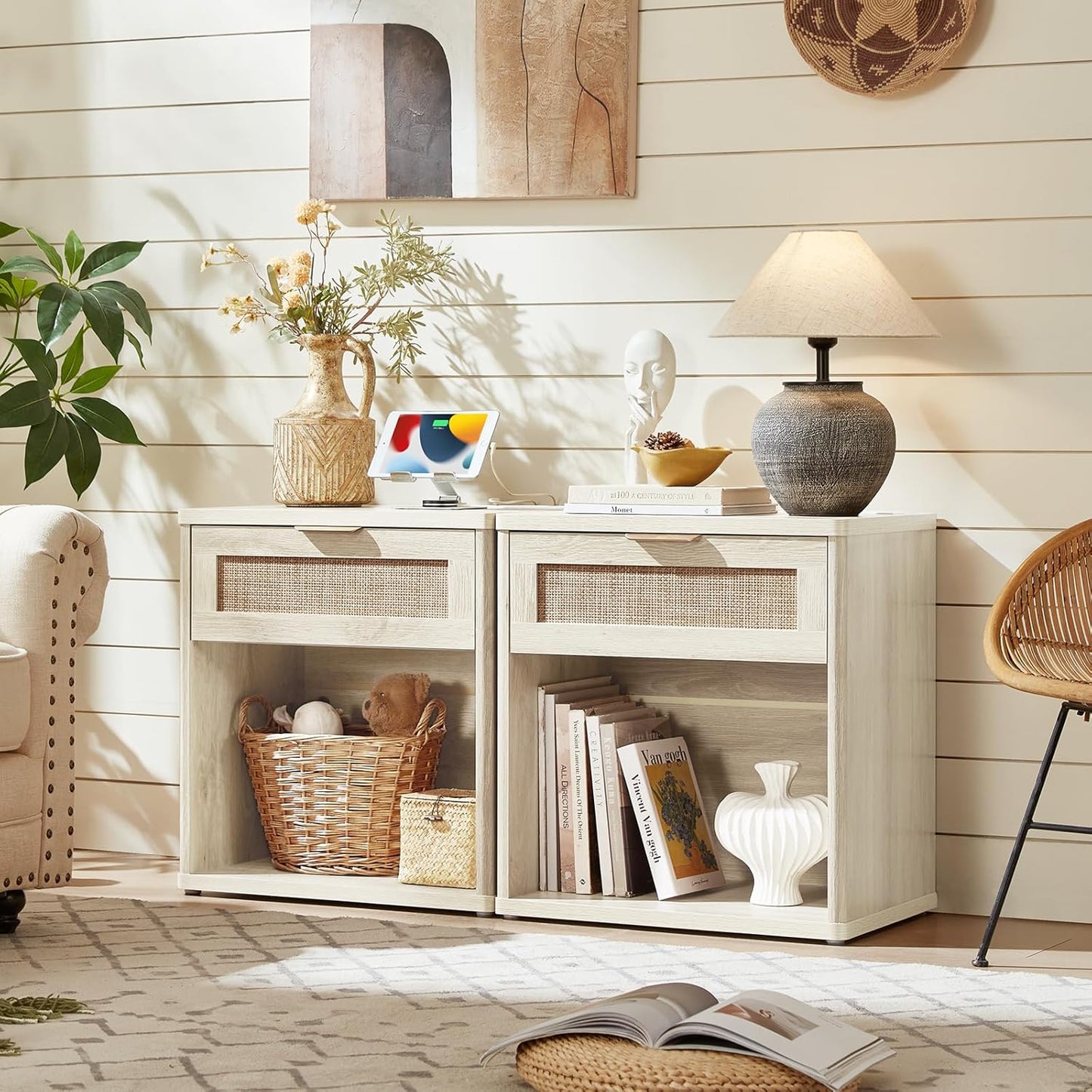 LEYAOYAO Rattan Nightstands Set of 2 with Charging Station, 23" Wide Boho Night Stand with Drawer, Grey White Bedside Table Open Cabinet, Bed Side End Table Dresser for Bedroom, Living Room, Hallway