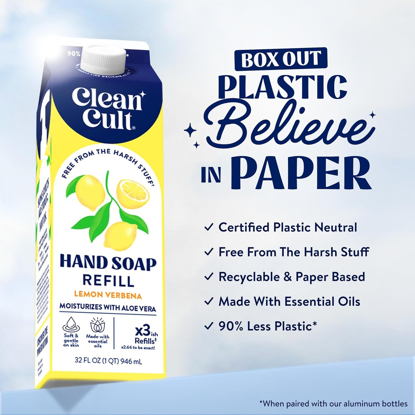 Cleancult Liquid Hand Soap Refill - Lemon Verbena - Moisturizes Dry & Sensitive Skin - Made with Aloe Vera & Essential Oils - Eco Friendly - Paper-Based Packaging - 32 oz/1 Pack