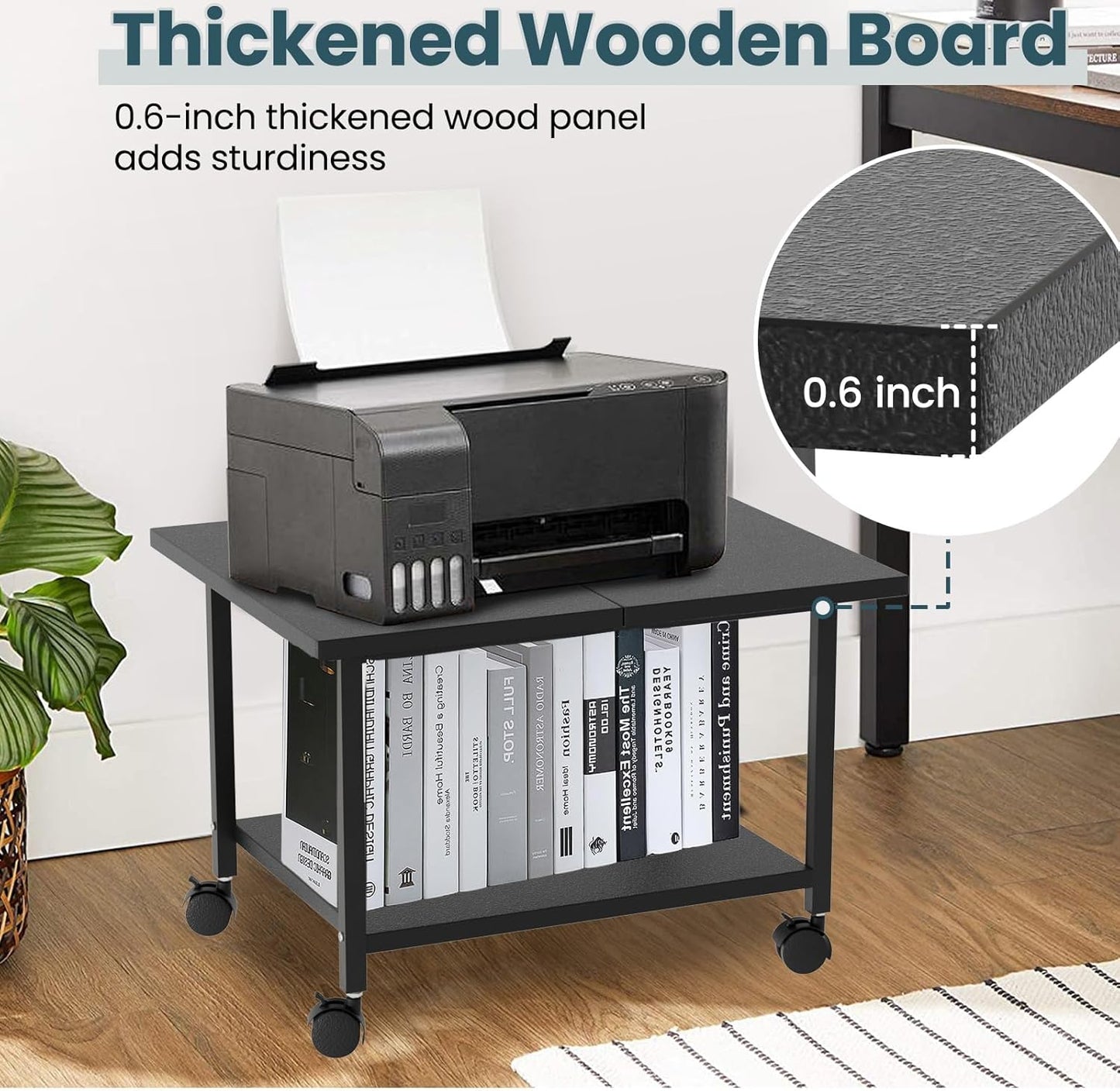 Printer Stand with Storage Under Desk Shelf, Desktop Printer Stand Organizer, Rolling Printer Cart Storage Paper Files Holder for Desk, Office, Home, (Black)