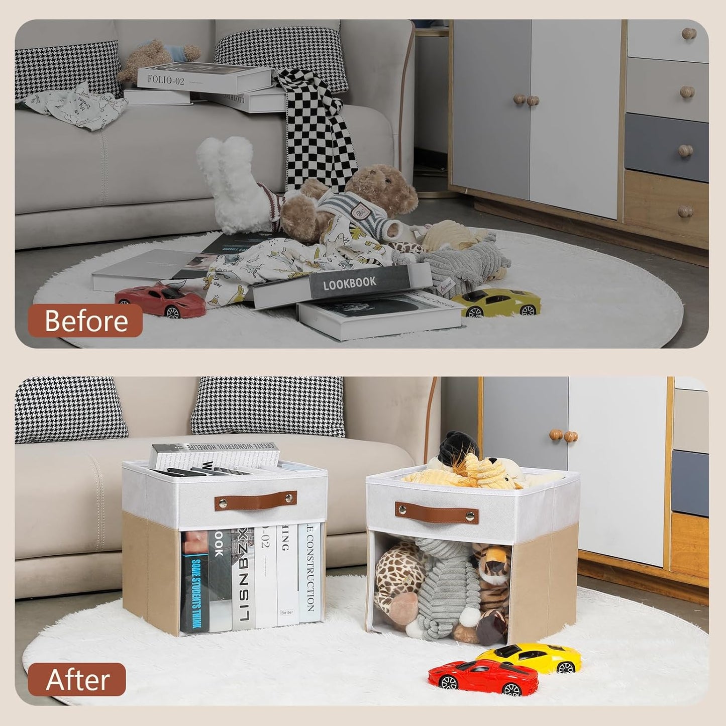 HNZIGE 11 Inch Foldable Fabric Storage Cubes - Clear Bins for Shelves, Canvas Cube Organizer Bins (White Beige 6 PCS)