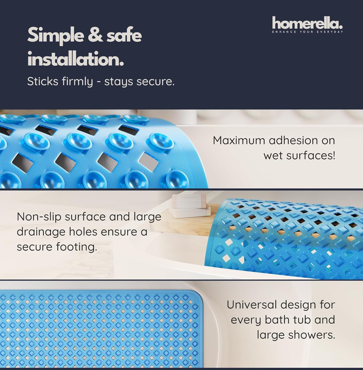 homerella® Bathtub Mat Non Slip 35x16, Incl. Hooks for Drying, Extra Long, 100% BPA Free, Shower Mat Non Slip Anti Mold, Machine Washable, Shower Mats for Inside Shower Mildew Resistant