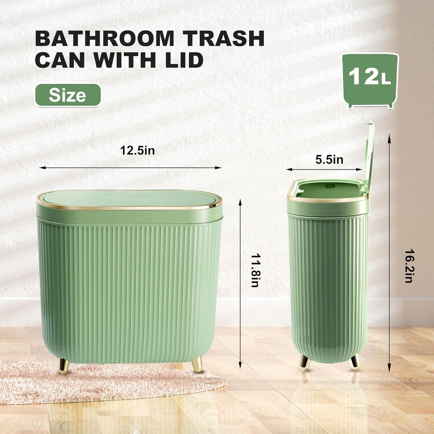 Bathroom Trash Can with Lid 3.2 Gallon Narrow Trash Can Small Plastic Trash Bin 12 Liter with Press Type Lid for Bedroom Bathroom, Mint Green