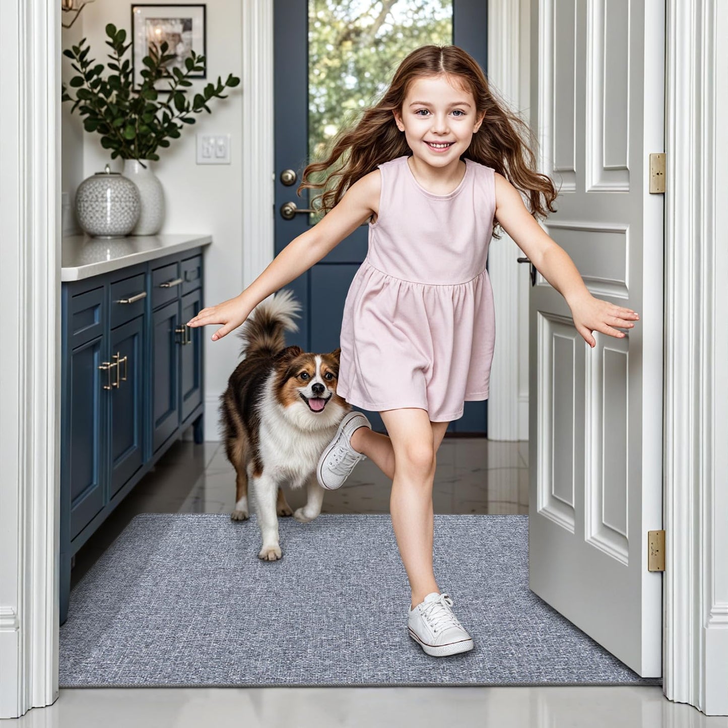 LUMI Ultra Thin Door Mat for Entryway,36"x59" Low Profile Non Slip Rubber Backing Indoor Doormat, Easy Clean Welcome Entrance Mat for Inside House, Patio,Light Grey