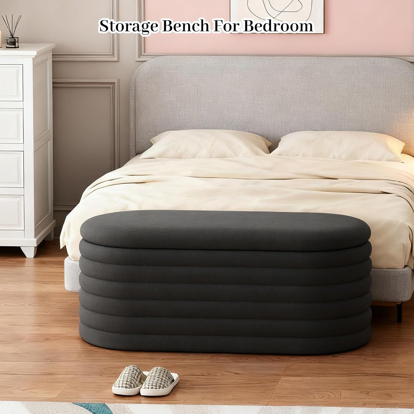 Storage Ottoman Bench, 40" Storage Bench, Upholstered Fabric Storages Benches End of Bed Stool with Safety Hinge, Shoe Storages Benches for Bedroom, Living Room, Entryway, Closet, Black