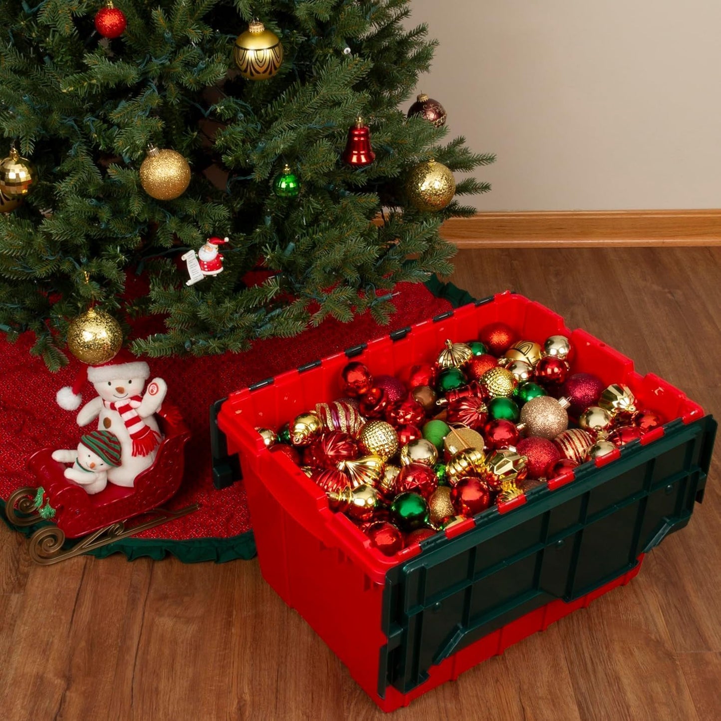 Akro-Mils KeepBox 12 Gallon Storage Container, Nesting and Stackable Plastic Storage Box with Lid Attached, Clear Tote for Garages, Closets, and Moving, 21-1/2" x 15" x 12-1/2", Red/Green, 6-Pack