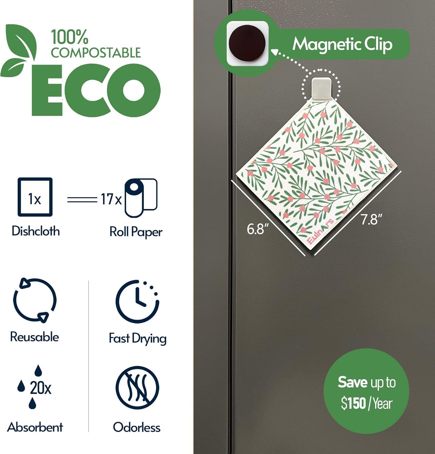 Swedish Dishcloths for Kitchen, 8 Pack Green Reusable Paper Towels with Clips, Non-Scratch Swedish Kitchen Towels, Super Absorbent Cellulose Sponge Cloths, Dishwasher Safe, No Odor