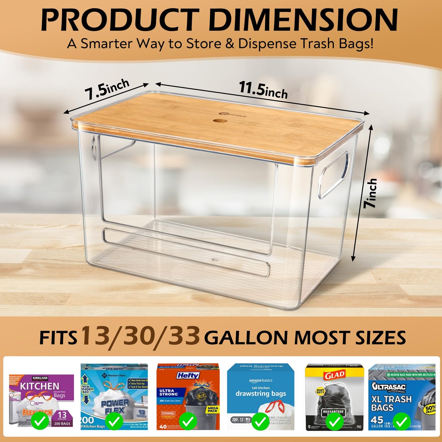 COZYCRAZE Stackable Trash Bag Dispenser with Wooden Top for Holding 13/30/33-Gallon Large Bag Sizes